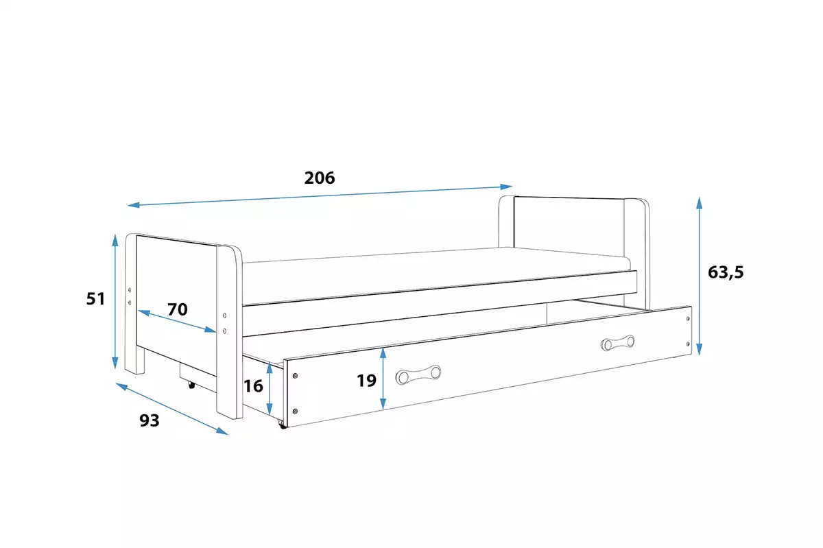 Dimensions et spécifications pour Lit ado simple Darek 80X200 avec tiroir, blanc Dimensions et spécifications pour Lit ado simple Darek 80X200 avec tiroir, blanc