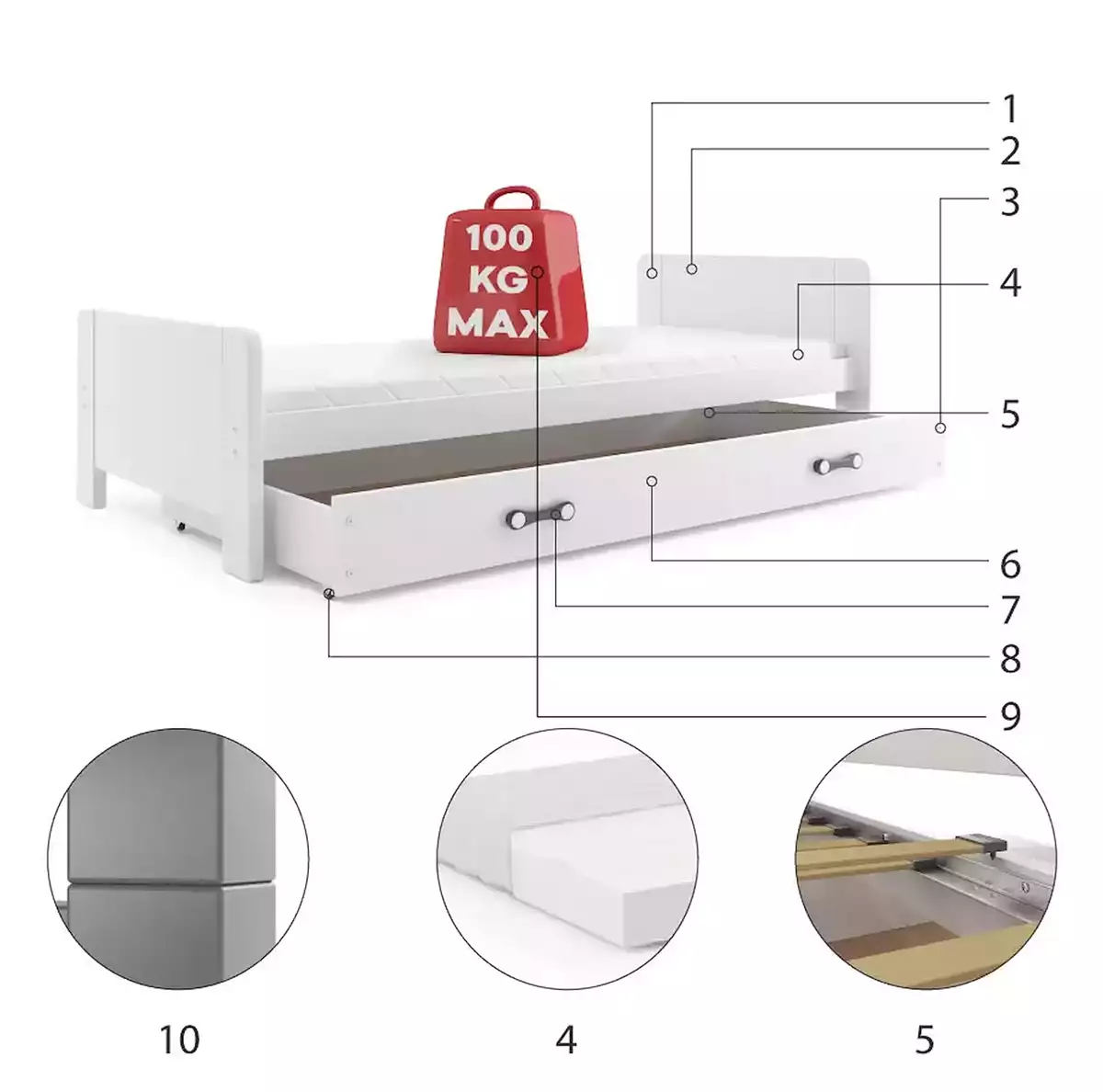 Composants pour Lit ado simple Darek 80X200 avec tiroir, blanc Composants pour Lit ado simple Darek 80X200 avec tiroir, blanc