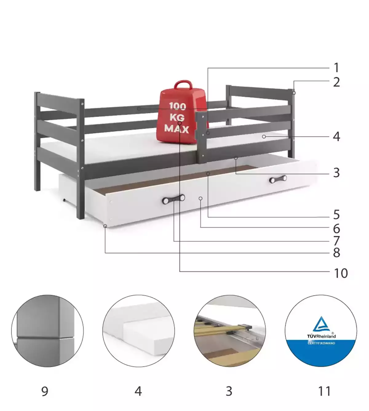 Composants pour Lit ado simple Éric 80X190 avec matelas et tiroir, gris/blanc Composants pour Lit ado simple Éric 80X190 avec matelas et tiroir, gris/blanc