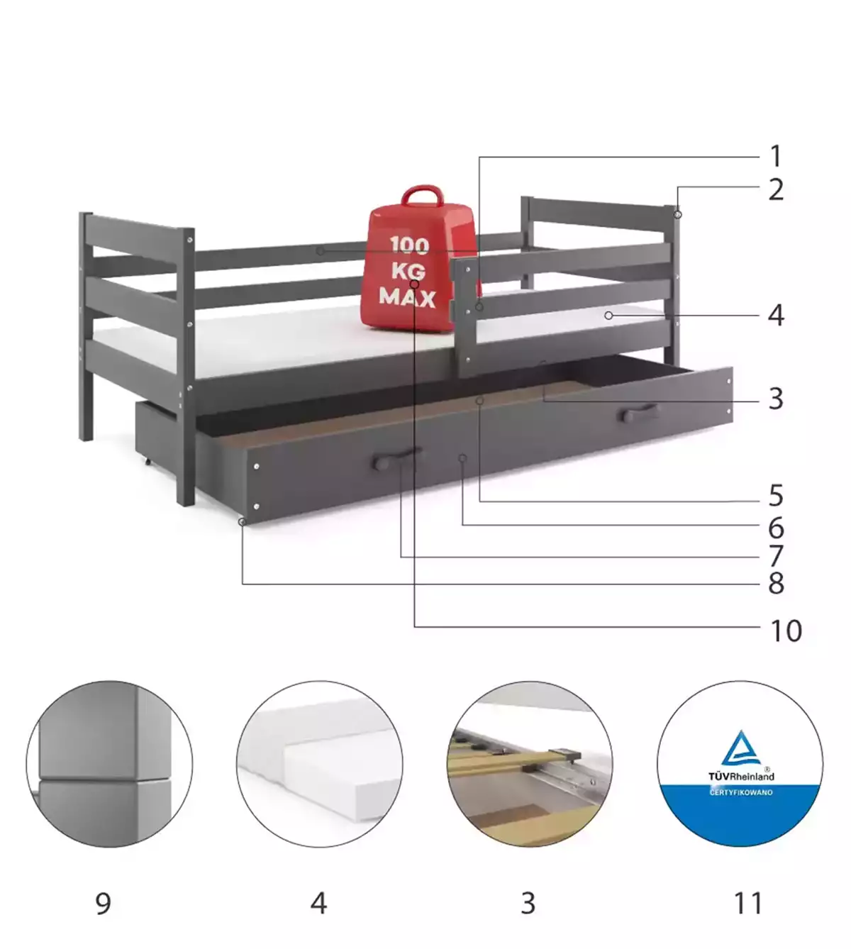 Composants pour Lit ado simple Éric 80X190 avec matelas et tiroir, gris Composants pour Lit ado simple Éric 80X190 avec matelas et tiroir, gris