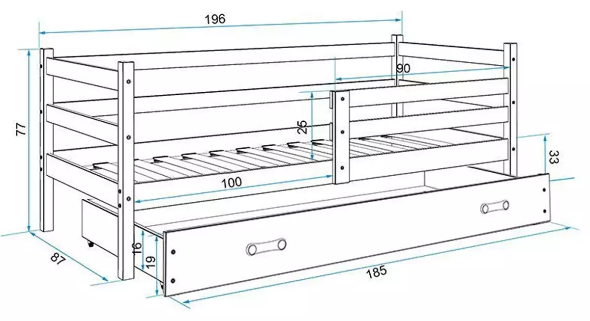 Dimensions et spécifications pour Lit ado simple Éric 80X190 avec matelas et tiroir, pin/blanc Dimensions et spécifications pour Lit ado simple Éric 80X190 avec matelas et tiroir, pin/blanc
