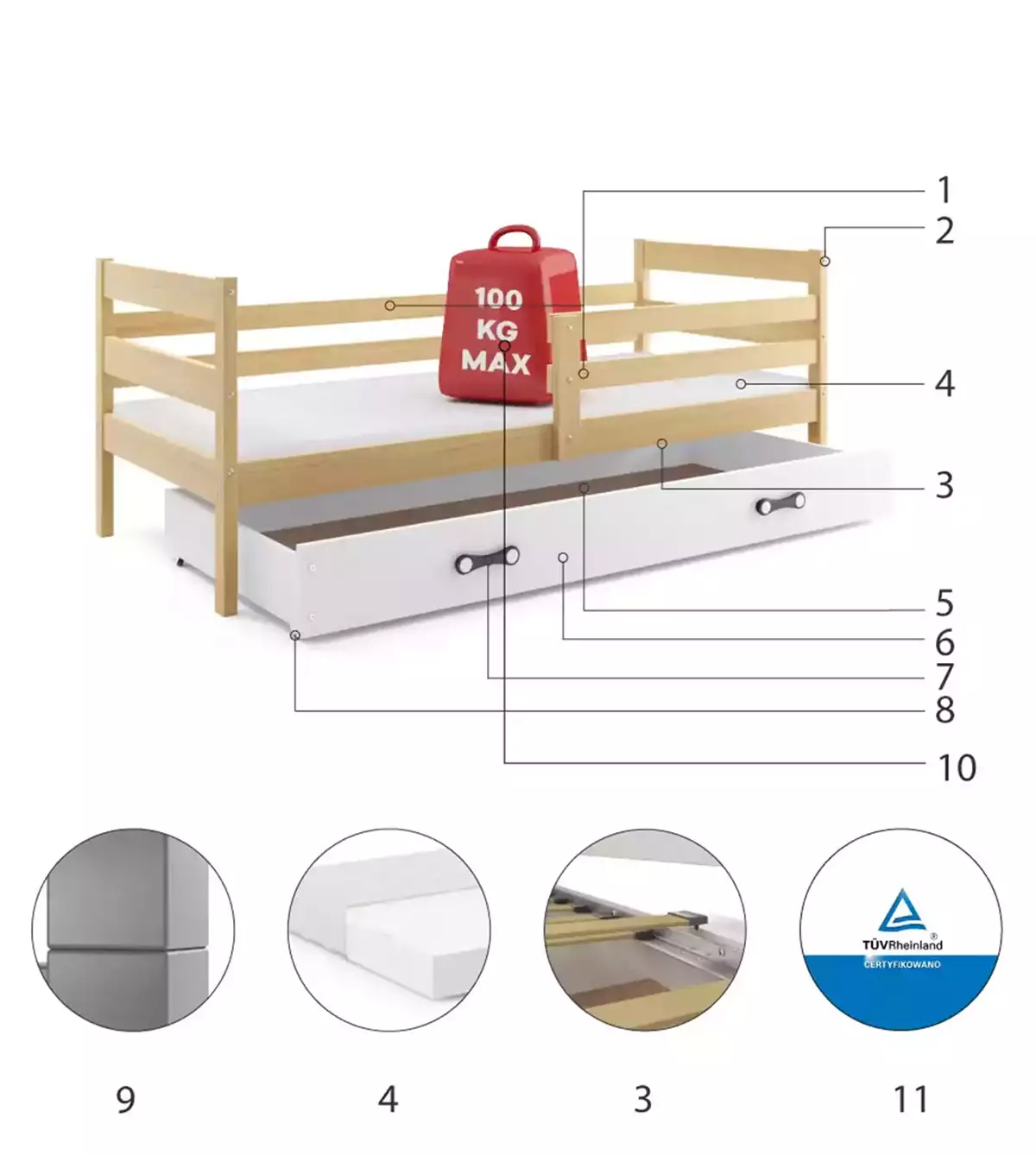 Composants pour Lit ado simple Éric 80X190 avec matelas et tiroir, pin/blanc Composants pour Lit ado simple Éric 80X190 avec matelas et tiroir, pin/blanc