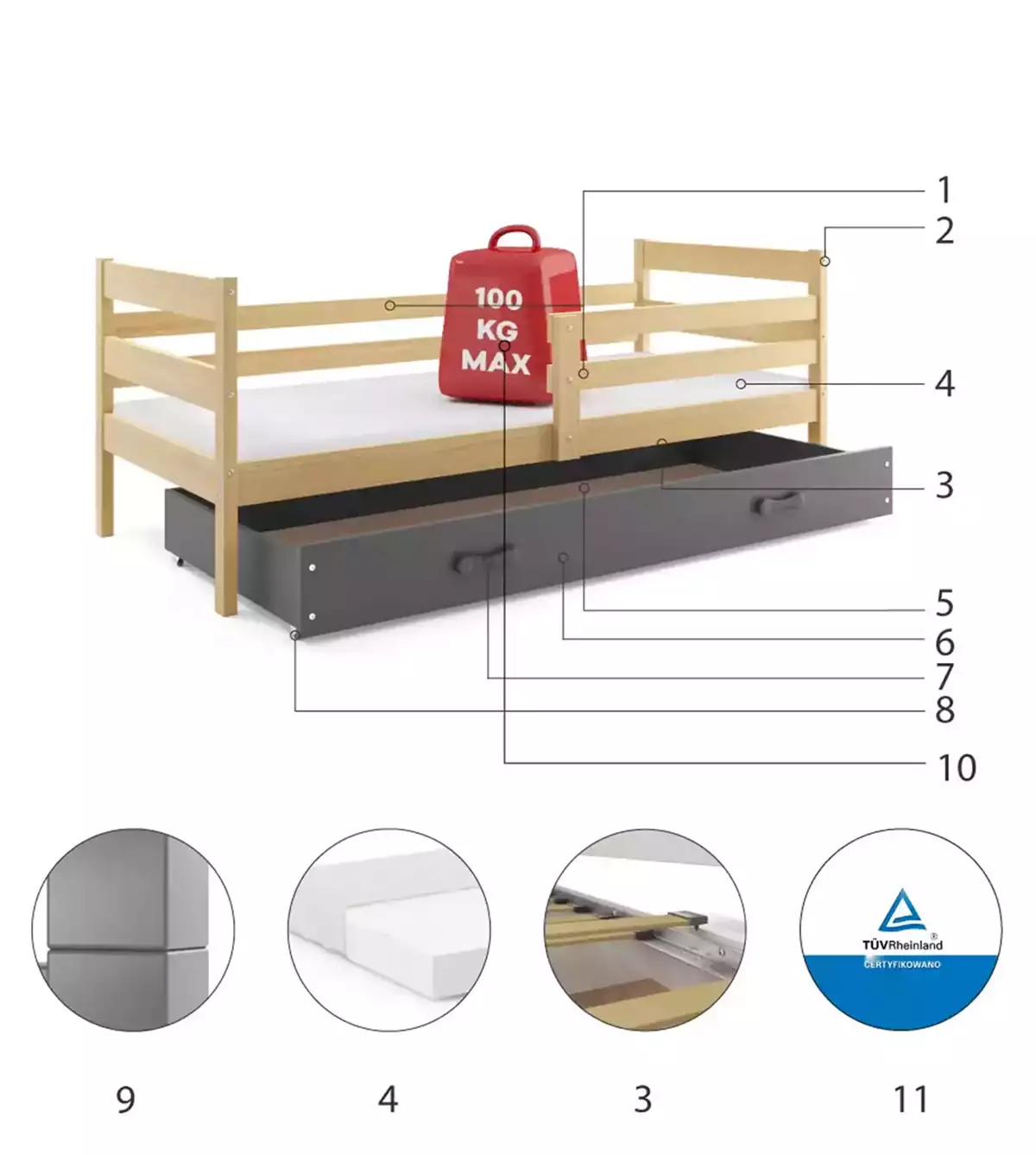 Composants pour Lit ado simple Éric 80X190 avec matelas et tiroir, pin/gris Composants pour Lit ado simple Éric 80X190 avec matelas et tiroir, pin/gris