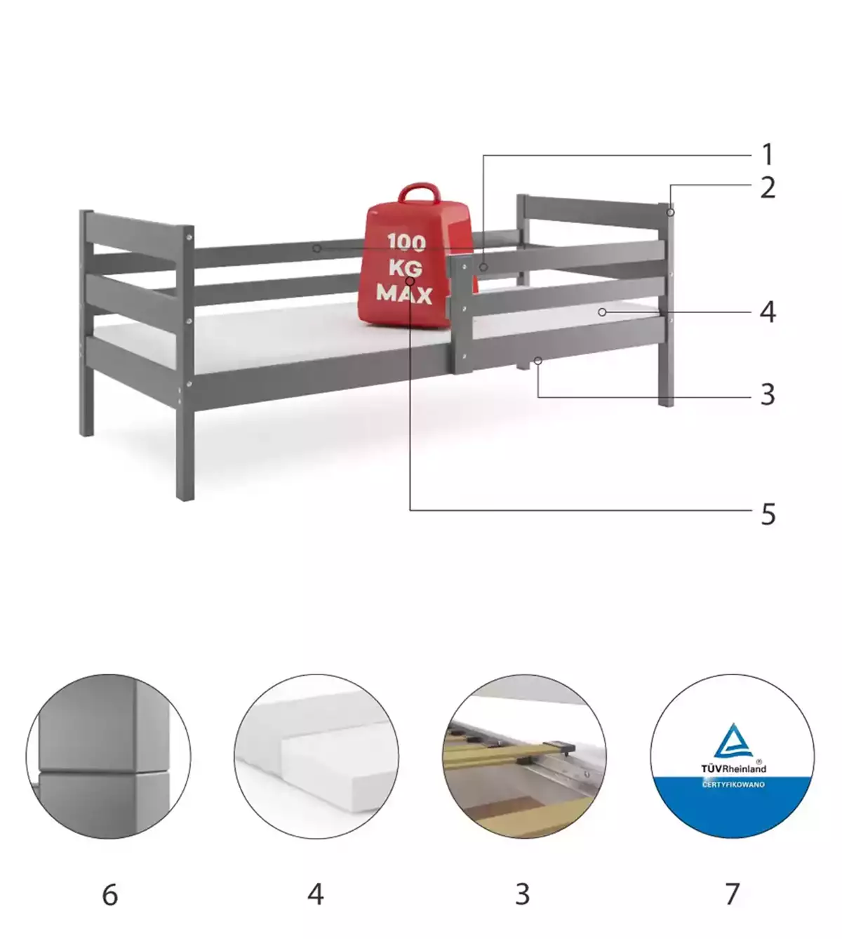 Composants pour Lit ado simple Éric 80X190 avec matelas, gris Composants pour Lit ado simple Éric 80X190 avec matelas, gris