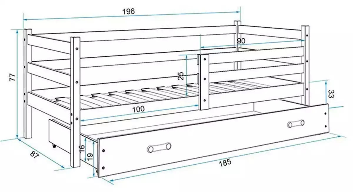 Dimensions et spécifications pour Lit ado simple Éric 80X190 avec matelas, pin Dimensions et spécifications pour Lit ado simple Éric 80X190 avec matelas, pin