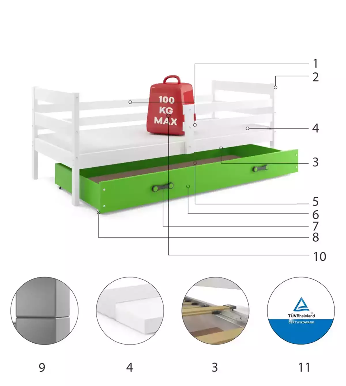 Composants pour Lit ado simple Éric 80X190 avec tiroir, blanc/vert Composants pour Lit ado simple Éric 80X190 avec tiroir, blanc/vert