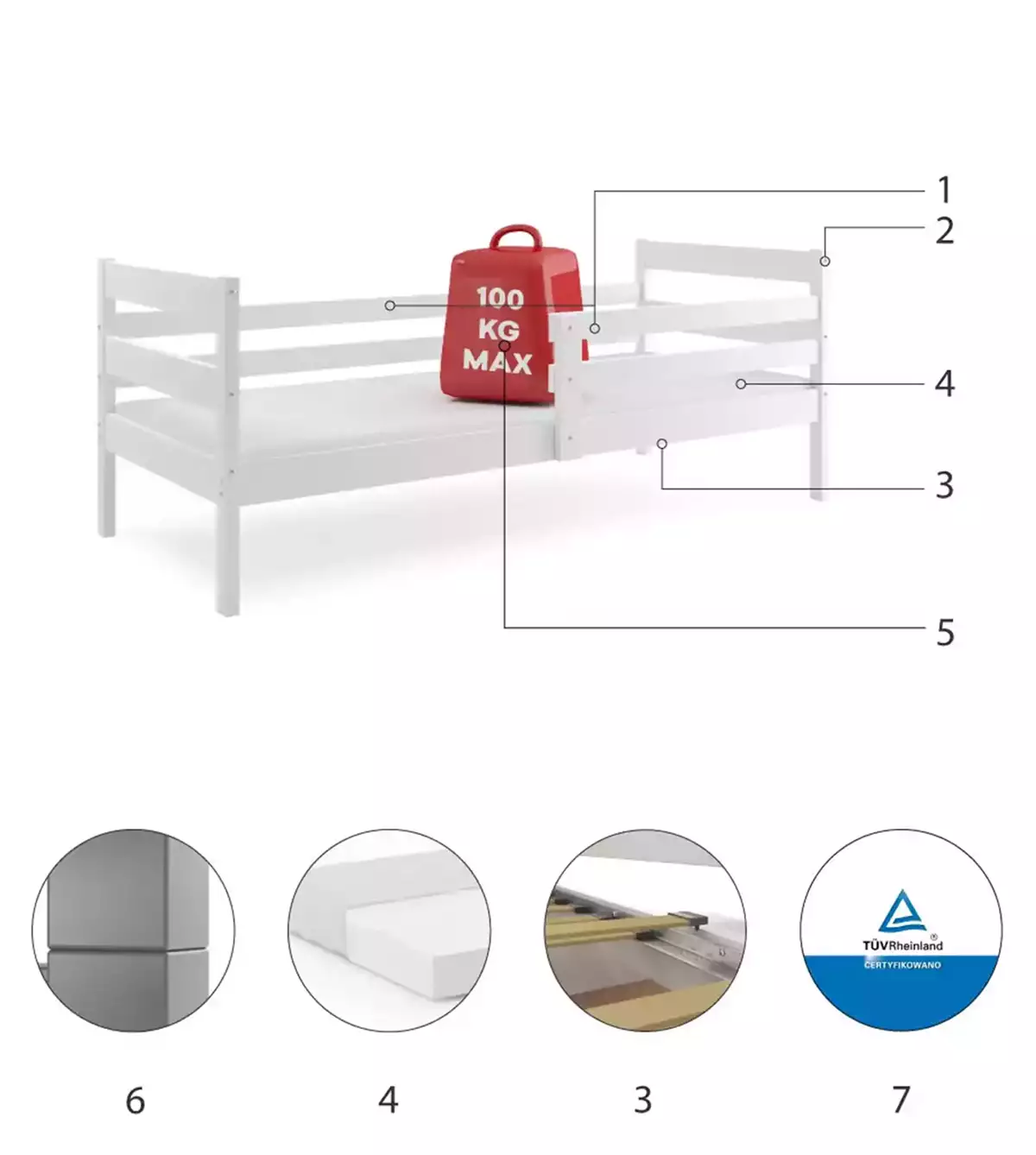 Composants pour Lit ado simple Éric 90X190 avec matelas, blanc Composants pour Lit ado simple Éric 90X190 avec matelas, blanc