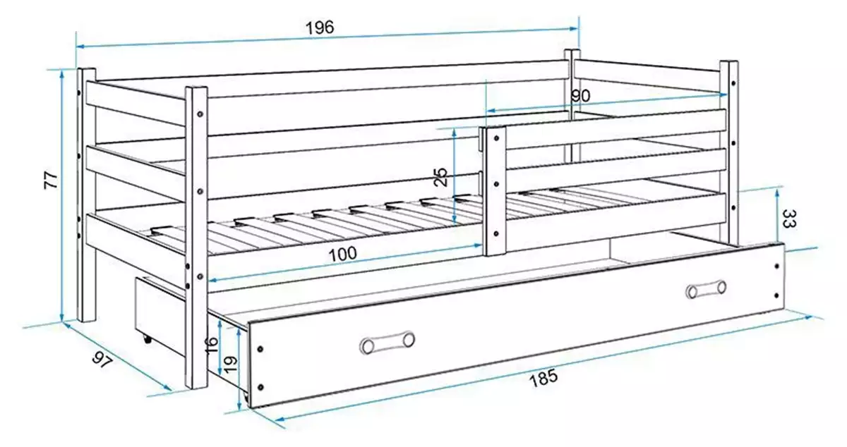 Dimensions et spécifications pour Lit ado simple Éric 90X190 avec matelas et tiroir, blanc Dimensions et spécifications pour Lit ado simple Éric 90X190 avec matelas et tiroir, blanc