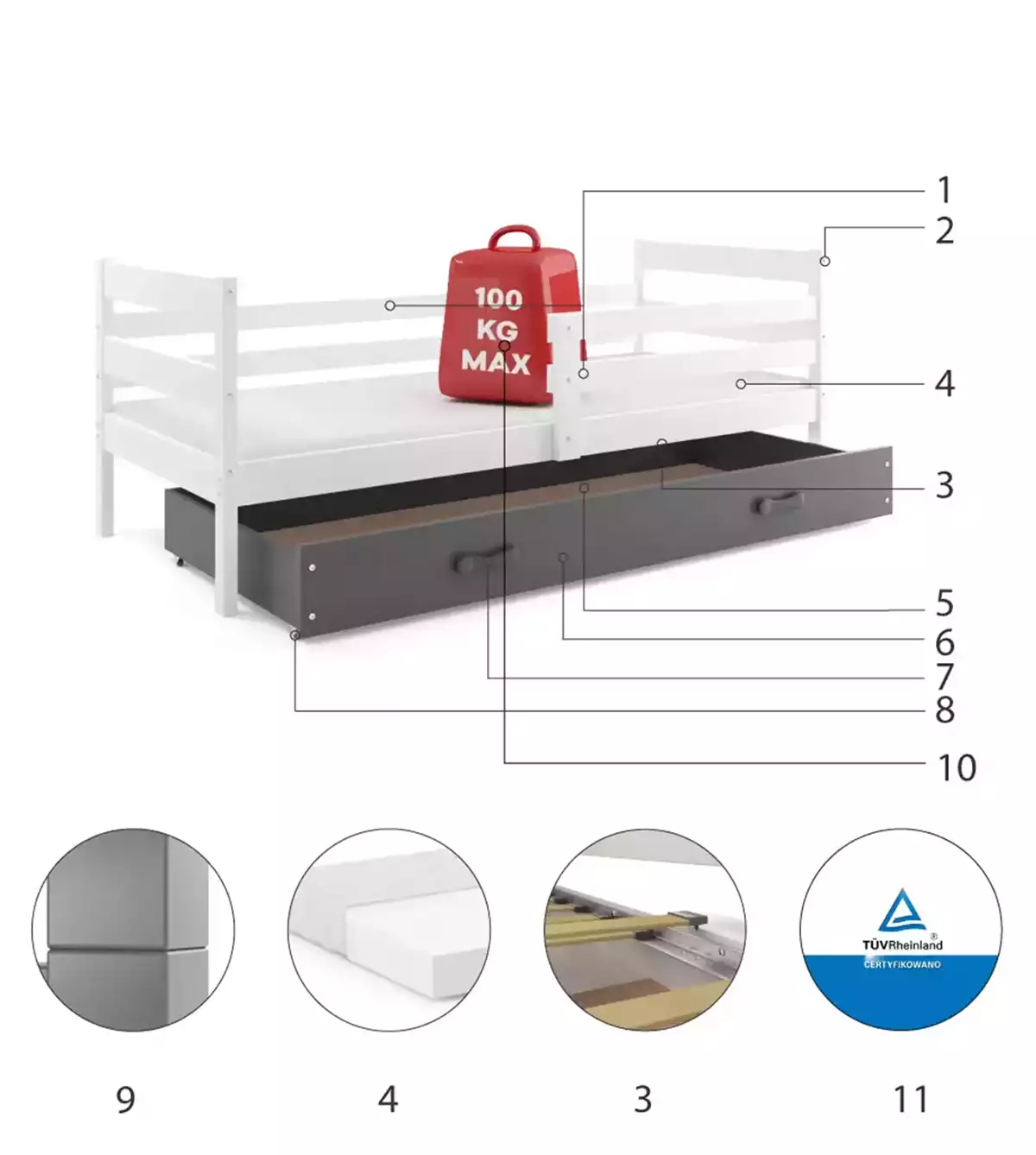 Composants pour Lit ado simple Éric 90X190 avec matelas et tiroir, blanc/gris