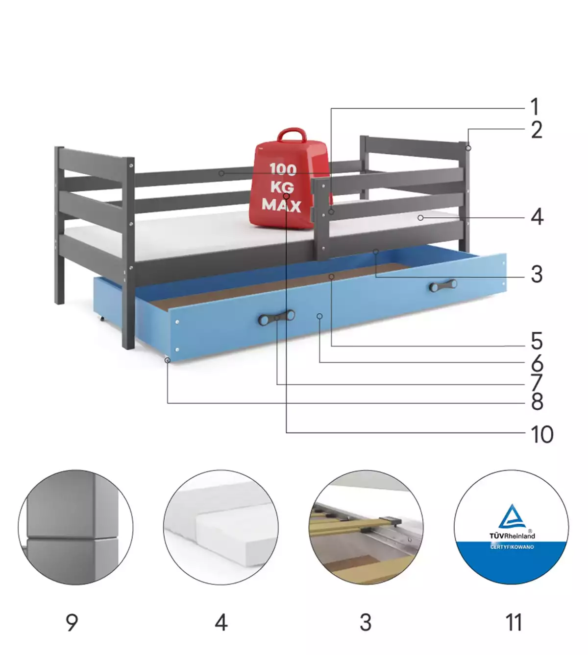 Composants pour Lit ado simple Éric 90X190 avec matelas et tiroir, gris/bleu Composants pour Lit ado simple Éric 90X190 avec matelas et tiroir, gris/bleu