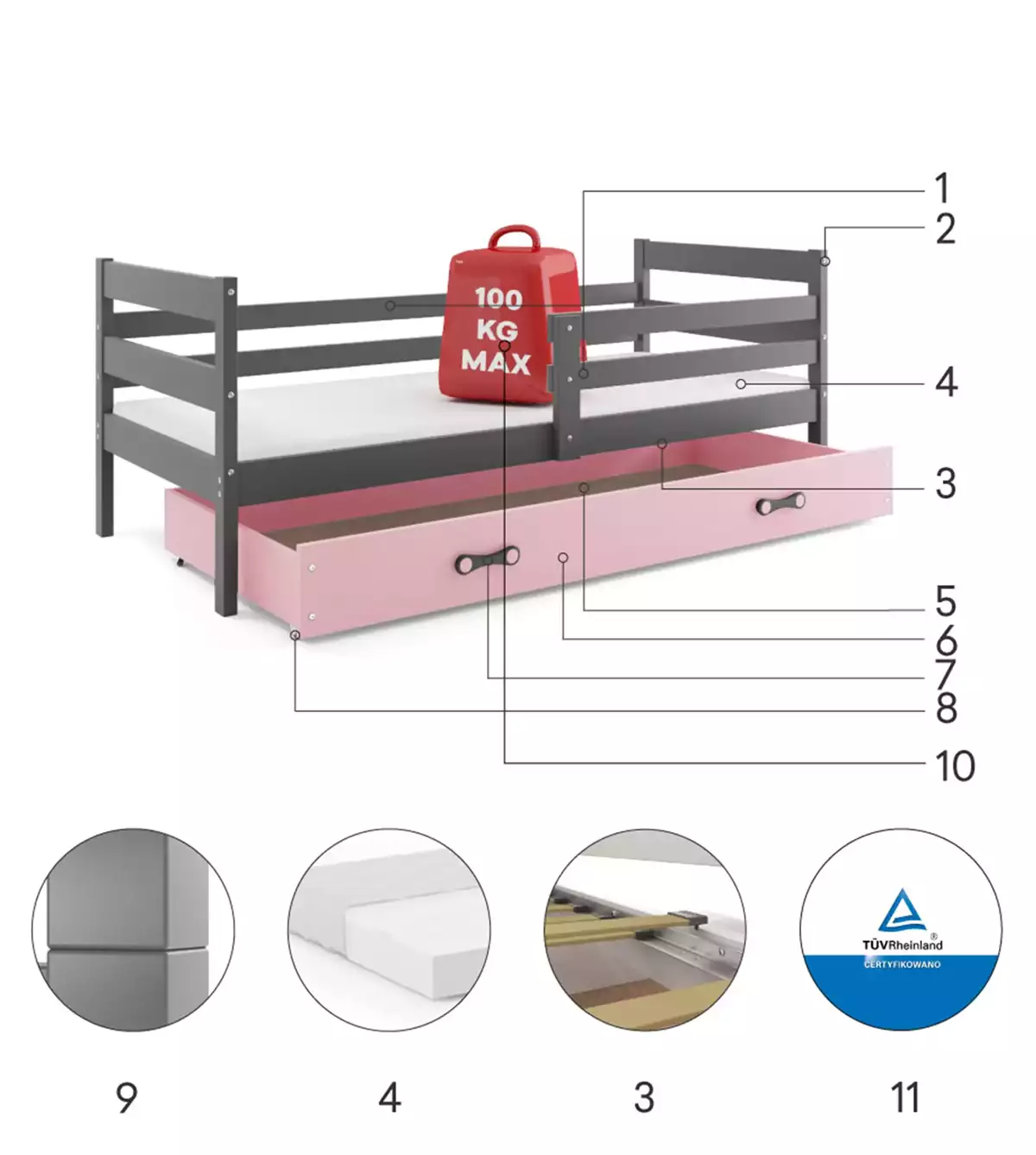 Composants pour Lit ado simple Éric 90X190 avec matelas et tiroir, gris/rose Composants pour Lit ado simple Éric 90X190 avec matelas et tiroir, gris/rose