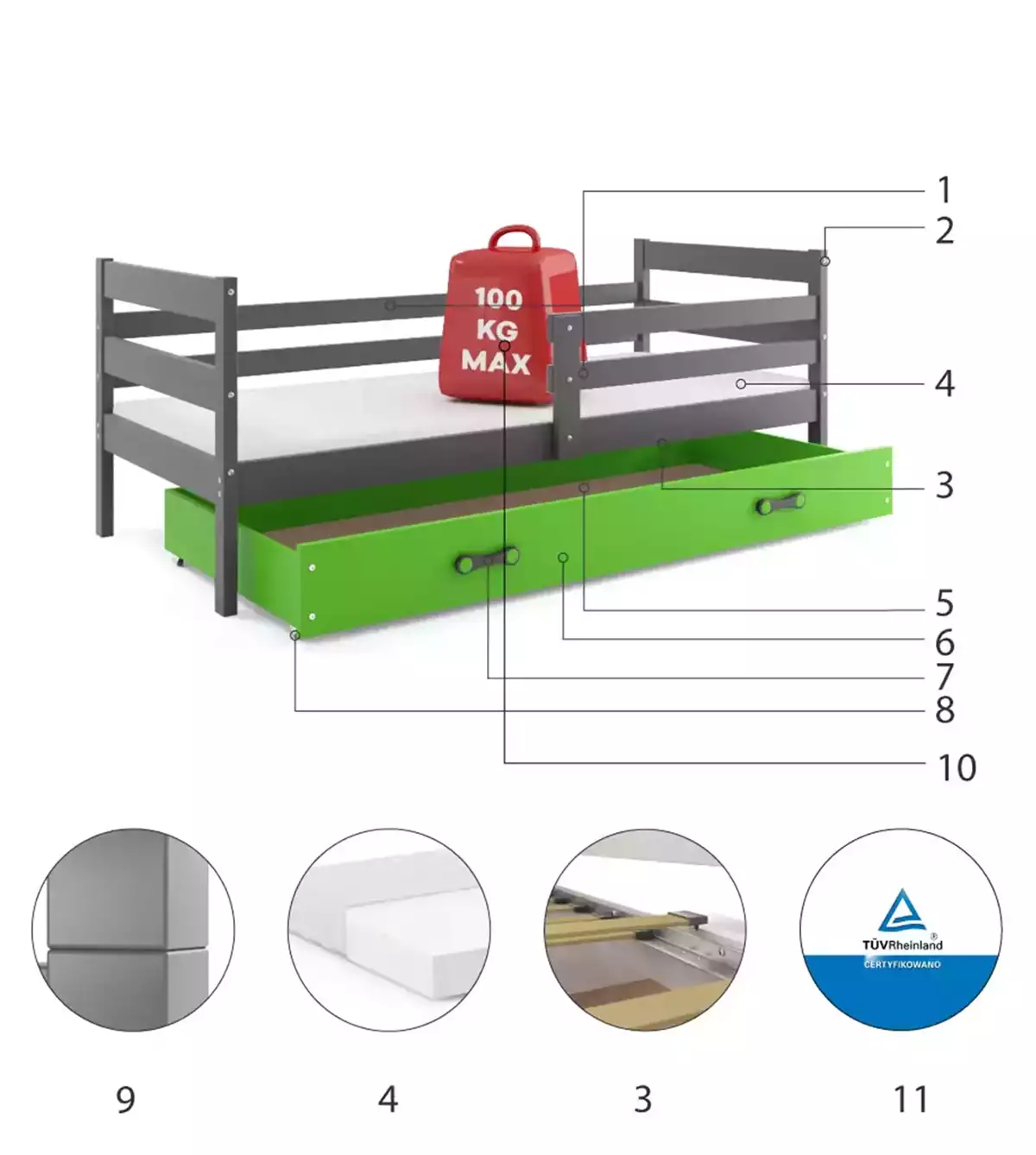 Composants pour Lit ado simple Éric 90X190 avec matelas et tiroir, gris/vert Composants pour Lit ado simple Éric 90X190 avec matelas et tiroir, gris/vert