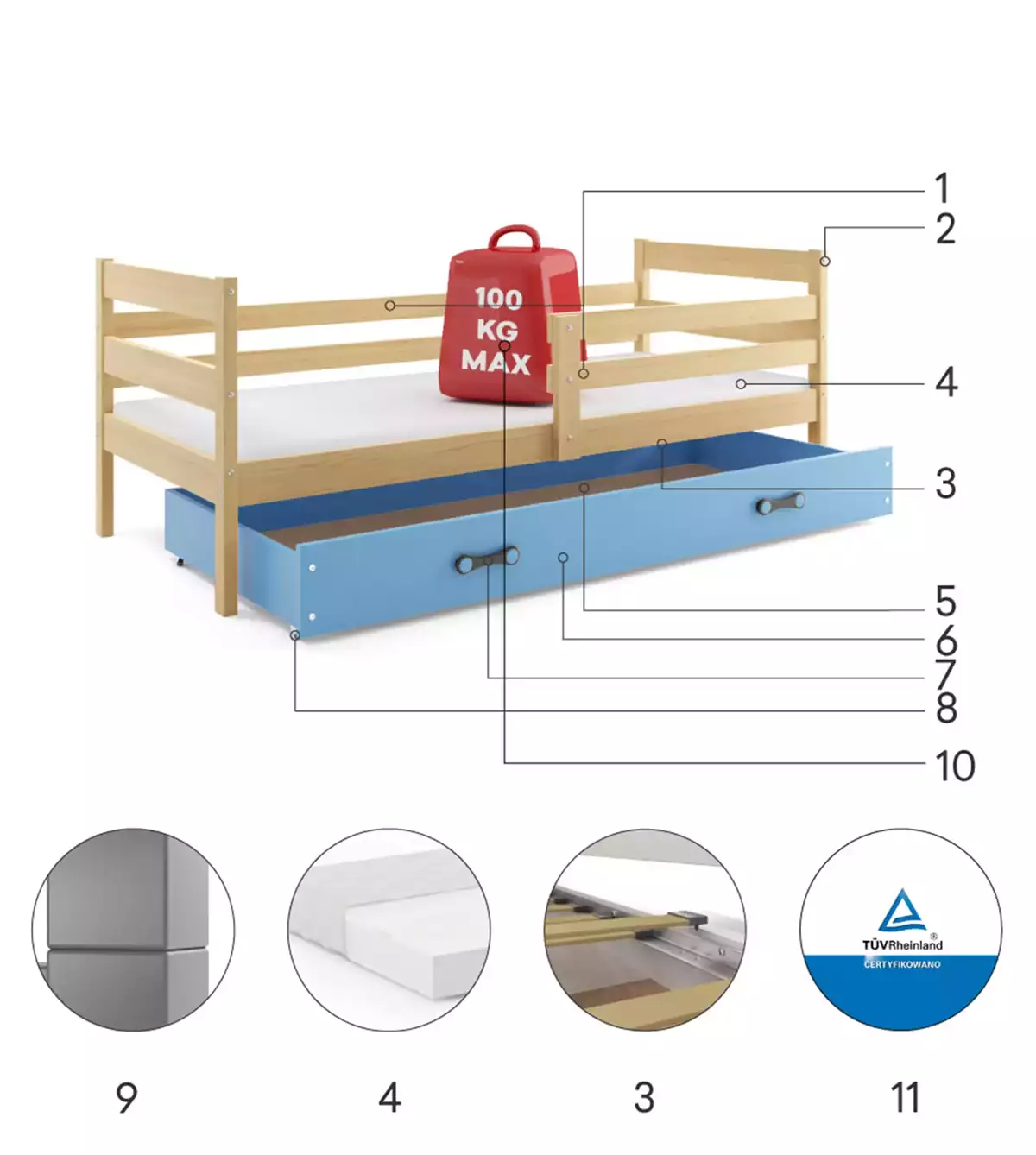 Composants pour Lit ado simple Éric 90X190 avec matelas et tiroir, pin/bleu Composants pour Lit ado simple Éric 90X190 avec matelas et tiroir, pin/bleu