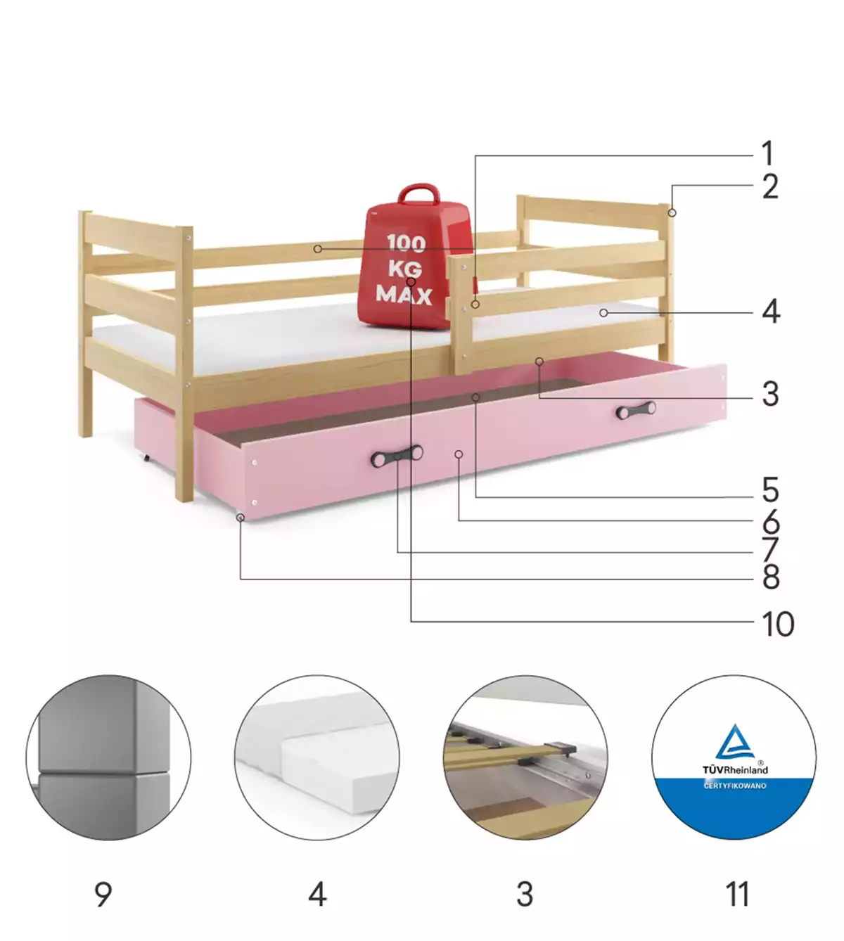 Composants pour Lit ado simple Éric 90X190 avec matelas et tiroir, pin/rose Composants pour Lit ado simple Éric 90X190 avec matelas et tiroir, pin/rose