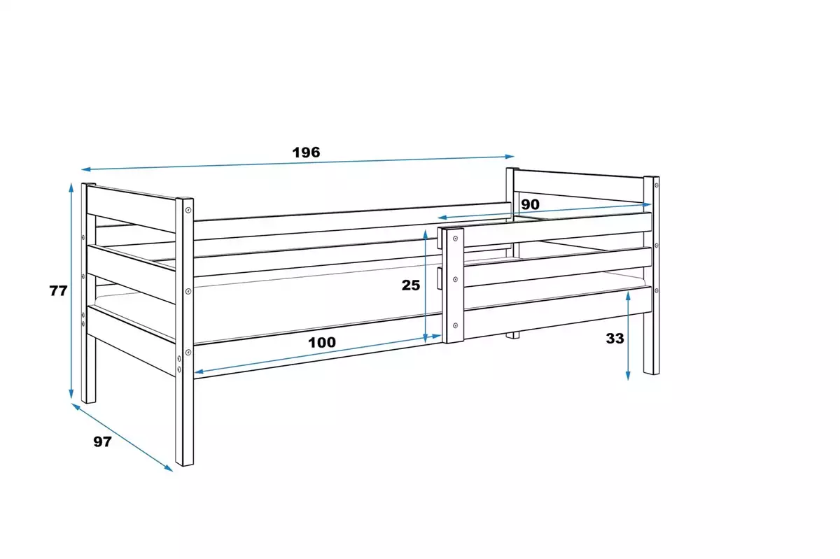 Dimensions et spécifications pour Lit ado simple Éric 90X190 avec matelas, pin Dimensions et spécifications pour Lit ado simple Éric 90X190 avec matelas, pin