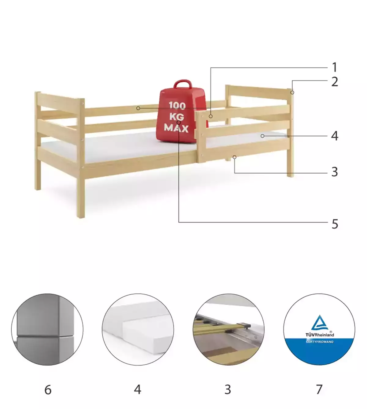 Composants pour Lit ado simple Éric 90X190 avec matelas, pin Composants pour Lit ado simple Éric 90X190 avec matelas, pin