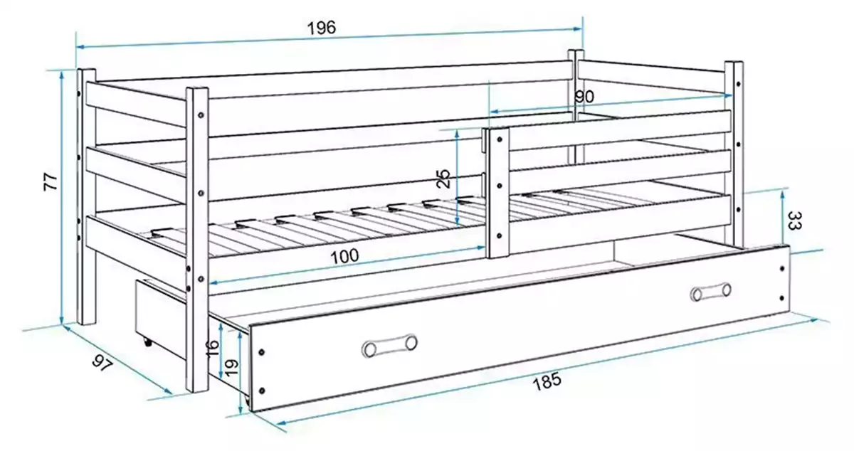 Dimensions et spécifications pour Lit ado simple Éric 90X190, gris Dimensions et spécifications pour Lit ado simple Éric 90X190, gris