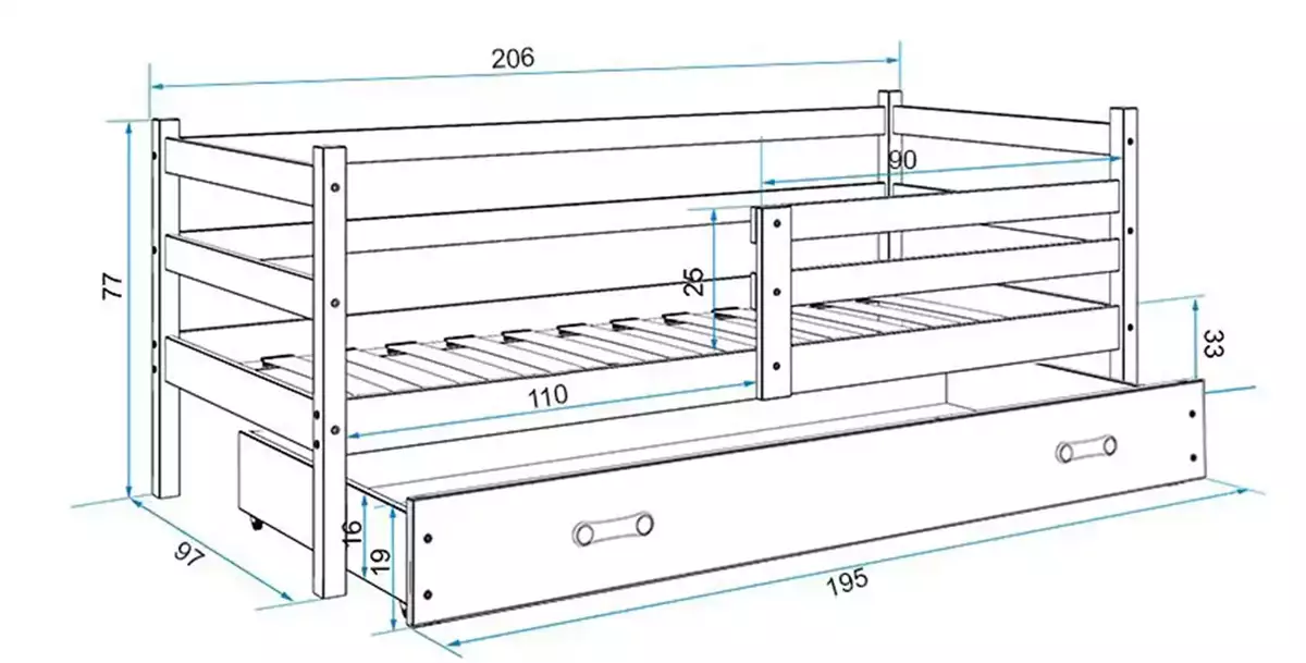 Dimensions et spécifications pour Lit ado simple Éric 90X200 avec matelas et tiroir, blanc/bleu Dimensions et spécifications pour Lit ado simple Éric 90X200 avec matelas et tiroir, blanc/bleu