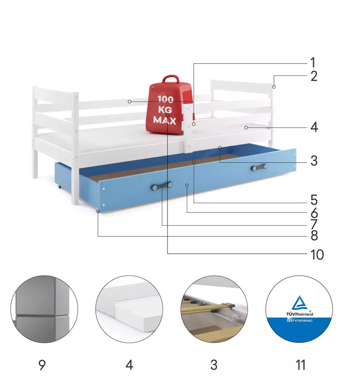 Composants pour Lit ado simple Éric 90X200 avec matelas et tiroir, blanc/bleu Composants pour Lit ado simple Éric 90X200 avec matelas et tiroir, blanc/bleu