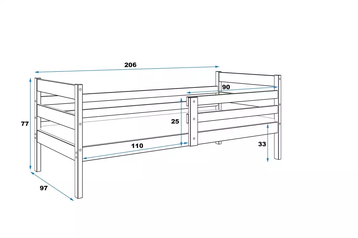 Dimensions et spécifications pour Lit ado simple Éric 90X200 avec matelas, pin Dimensions et spécifications pour Lit ado simple Éric 90X200 avec matelas, pin
