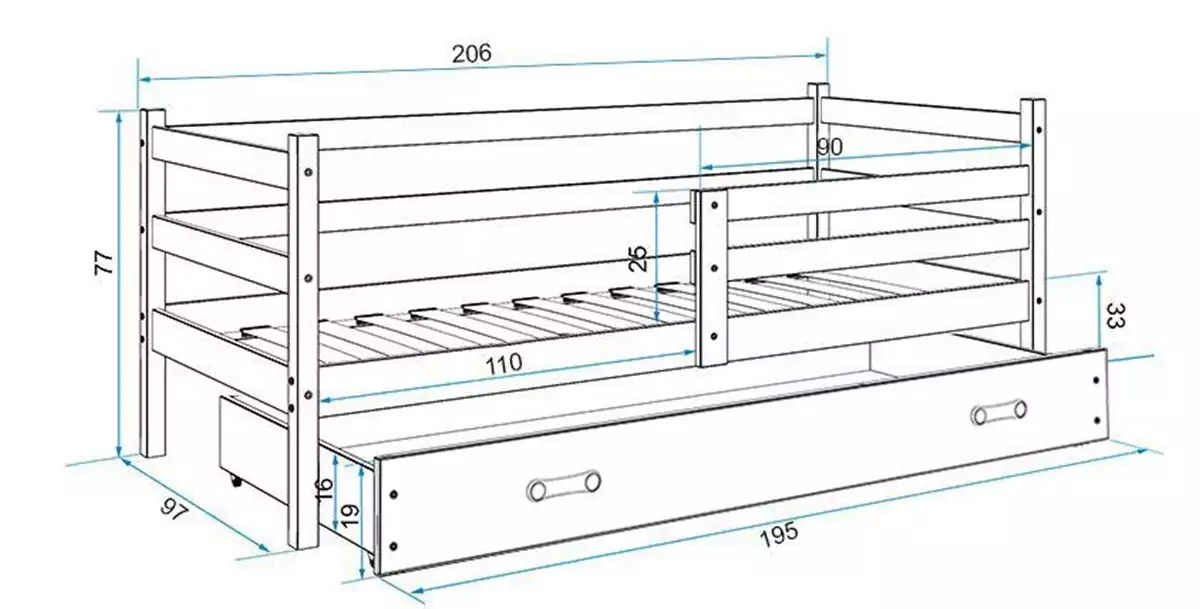 Dimensions et spécifications pour Lit ado simple Éric 90X200 avec tiroir, pin/vert Dimensions et spécifications pour Lit ado simple Éric 90X200 avec tiroir, pin/vert