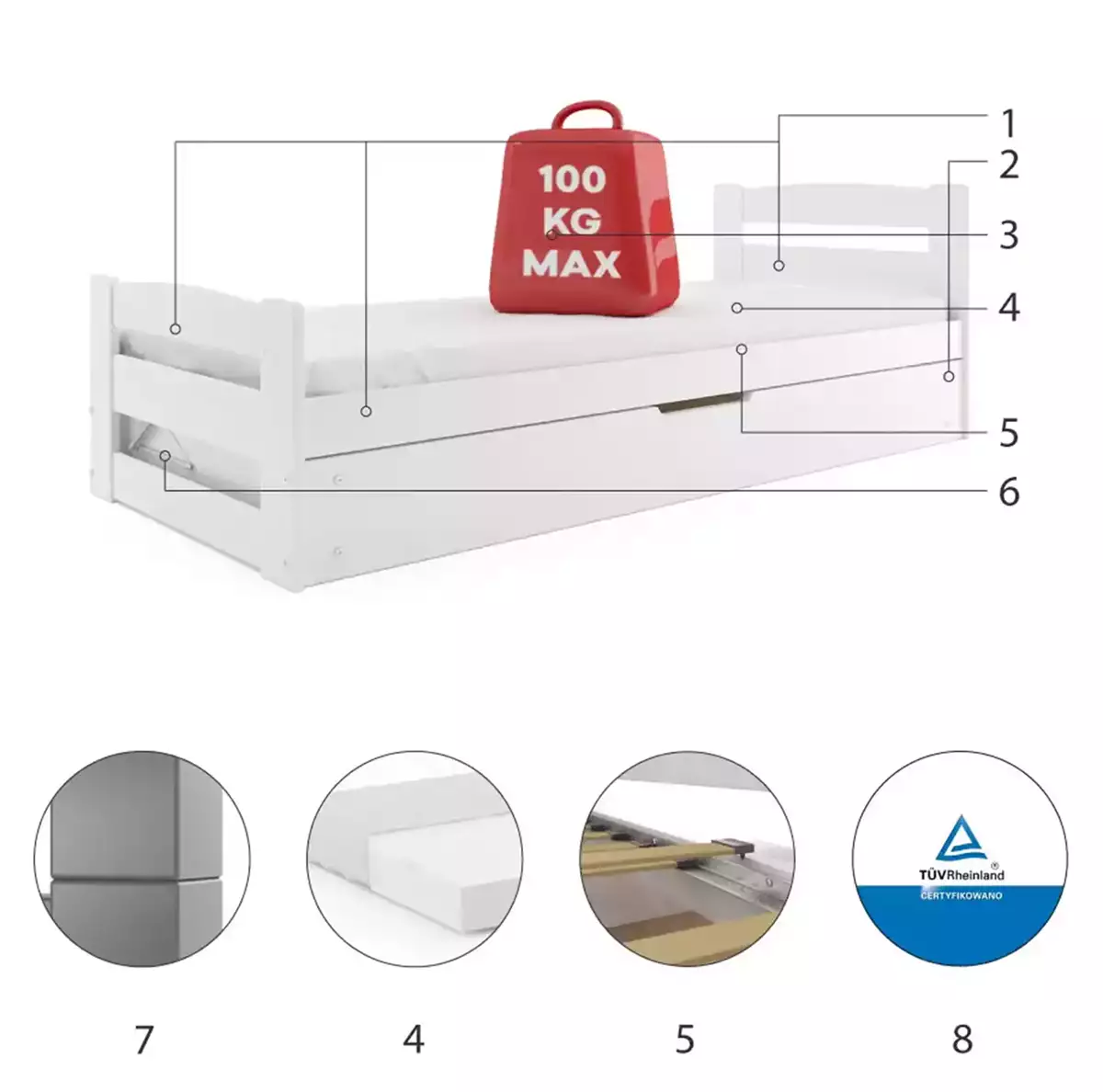 Composants pour Lit ado simple Erni 90X200 avec coffre, blanc Composants pour Lit ado simple Erni 90X200 avec coffre, blanc