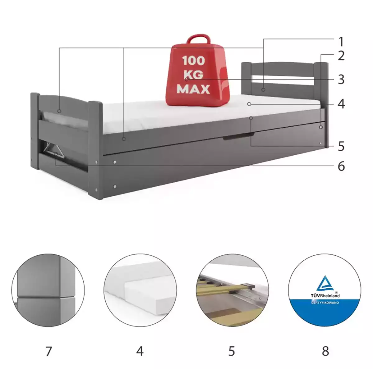 Composants pour Lit ado simple Erni 90X200 avec coffre, gris Composants pour Lit ado simple Erni 90X200 avec coffre, gris