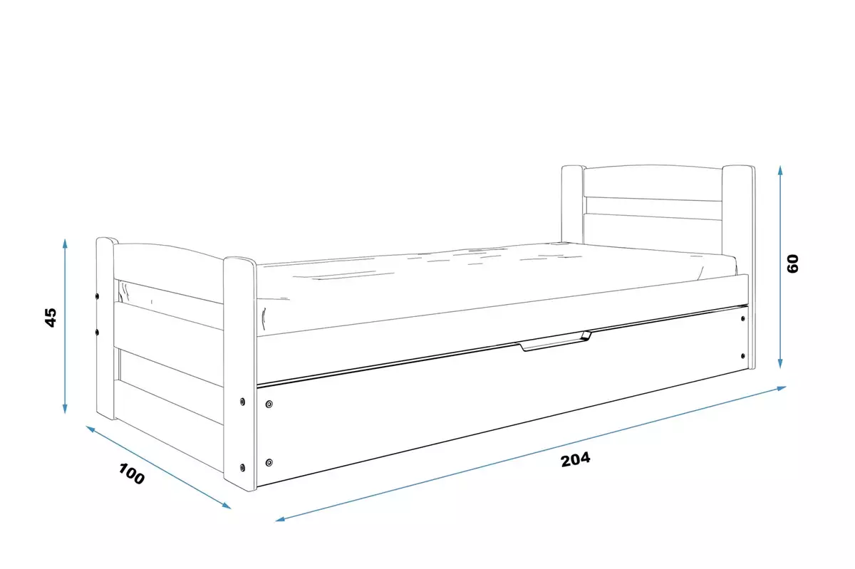 Dimensions et spécifications pour Lit ado simple Erni 90X200 avec coffre, pin Dimensions et spécifications pour Lit ado simple Erni 90X200 avec coffre, pin