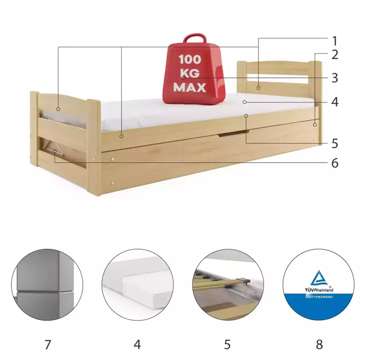 Composants pour Lit ado simple Erni 90X200 avec coffre, pin Composants pour Lit ado simple Erni 90X200 avec coffre, pin