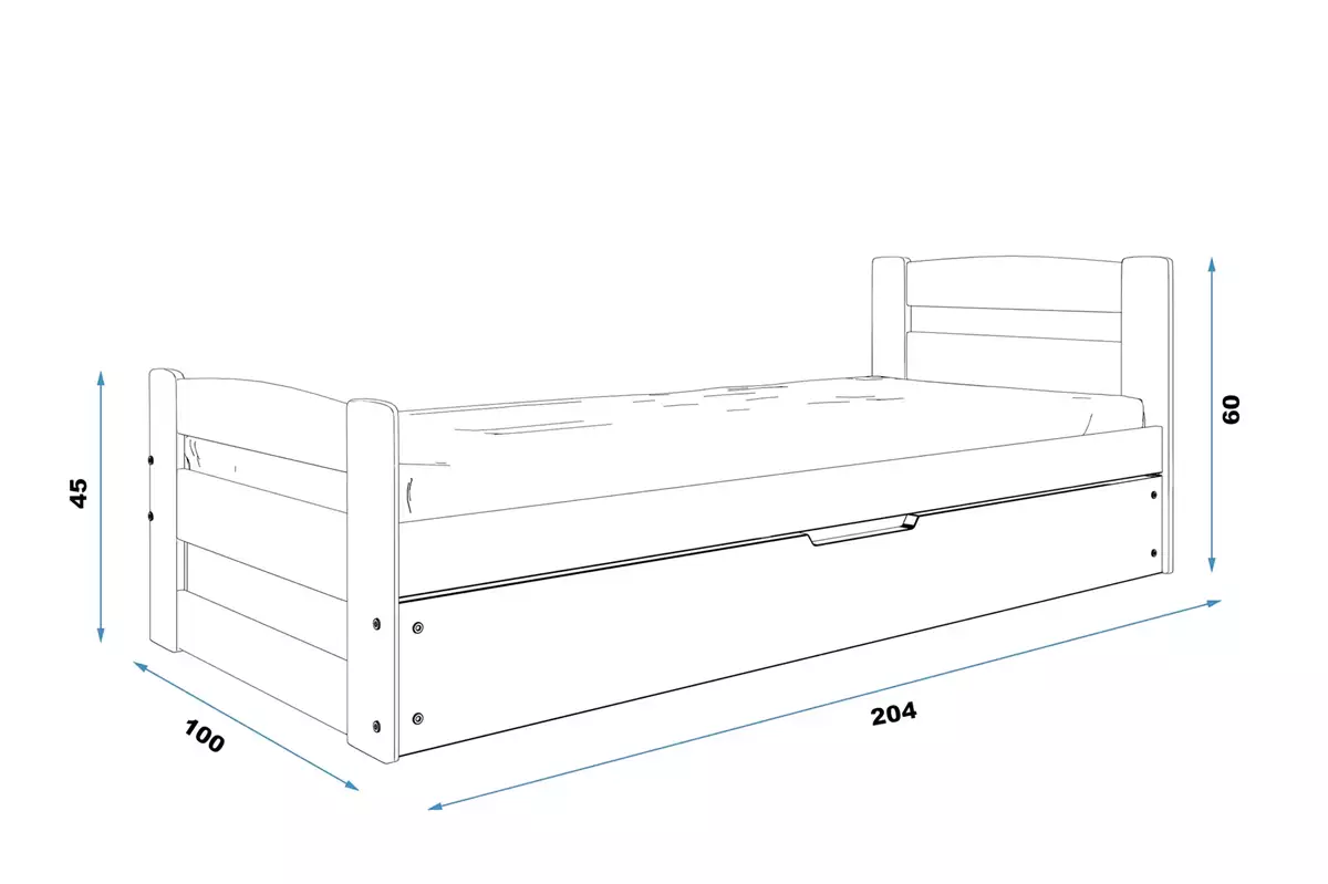 Dimensions et spécifications pour Lit ado simple Erni 90X200 avec matelas et coffre, blanc Dimensions et spécifications pour Lit ado simple Erni 90X200 avec matelas et coffre, blanc