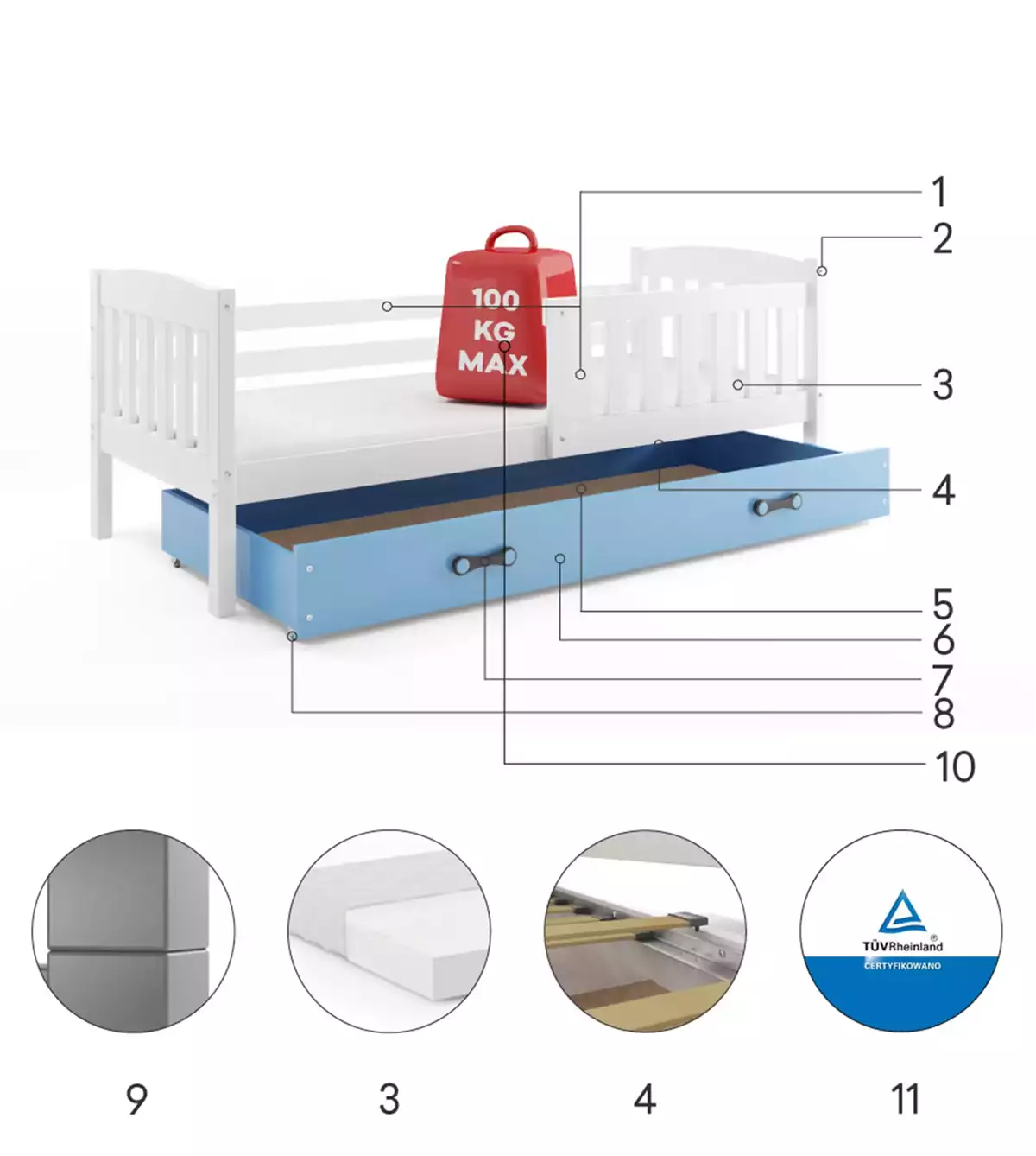 Composants pour Lit ado simple Jacquot 80X190 avec matelas et tiroir, blanc/bleu Composants pour Lit ado simple Jacquot 80X190 avec matelas et tiroir, blanc/bleu
