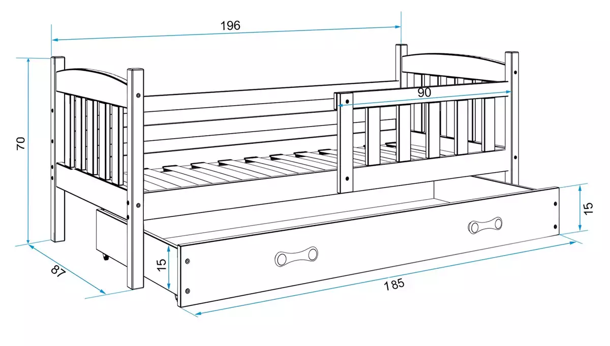 Dimensions et spécifications pour Lit ado simple Jacquot 80X190 avec matelas et tiroir, blanc Dimensions et spécifications pour Lit ado simple Jacquot 80X190 avec matelas et tiroir, blanc