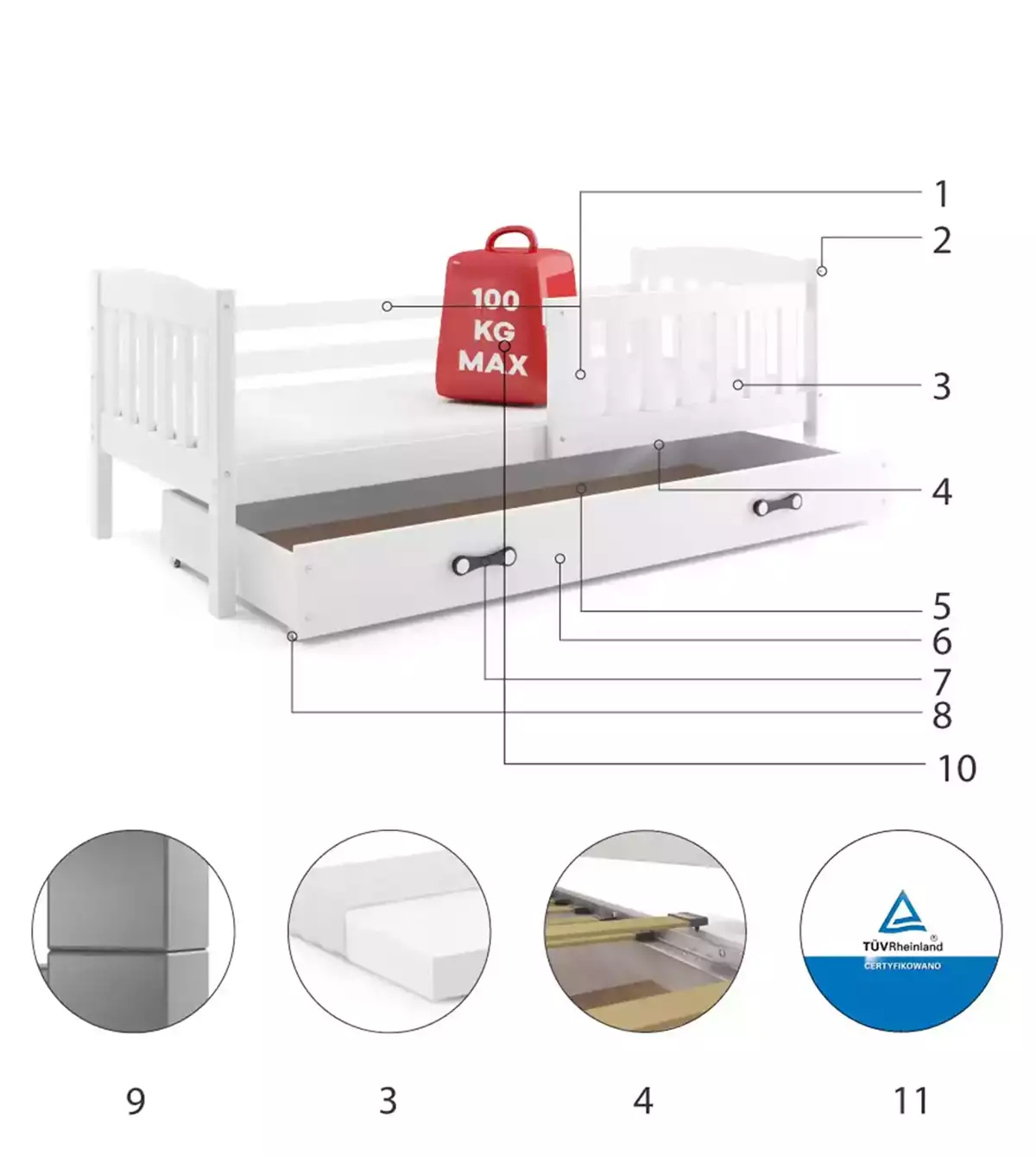 Composants pour Lit ado simple Jacquot 80X190 avec matelas et tiroir, blanc Composants pour Lit ado simple Jacquot 80X190 avec matelas et tiroir, blanc