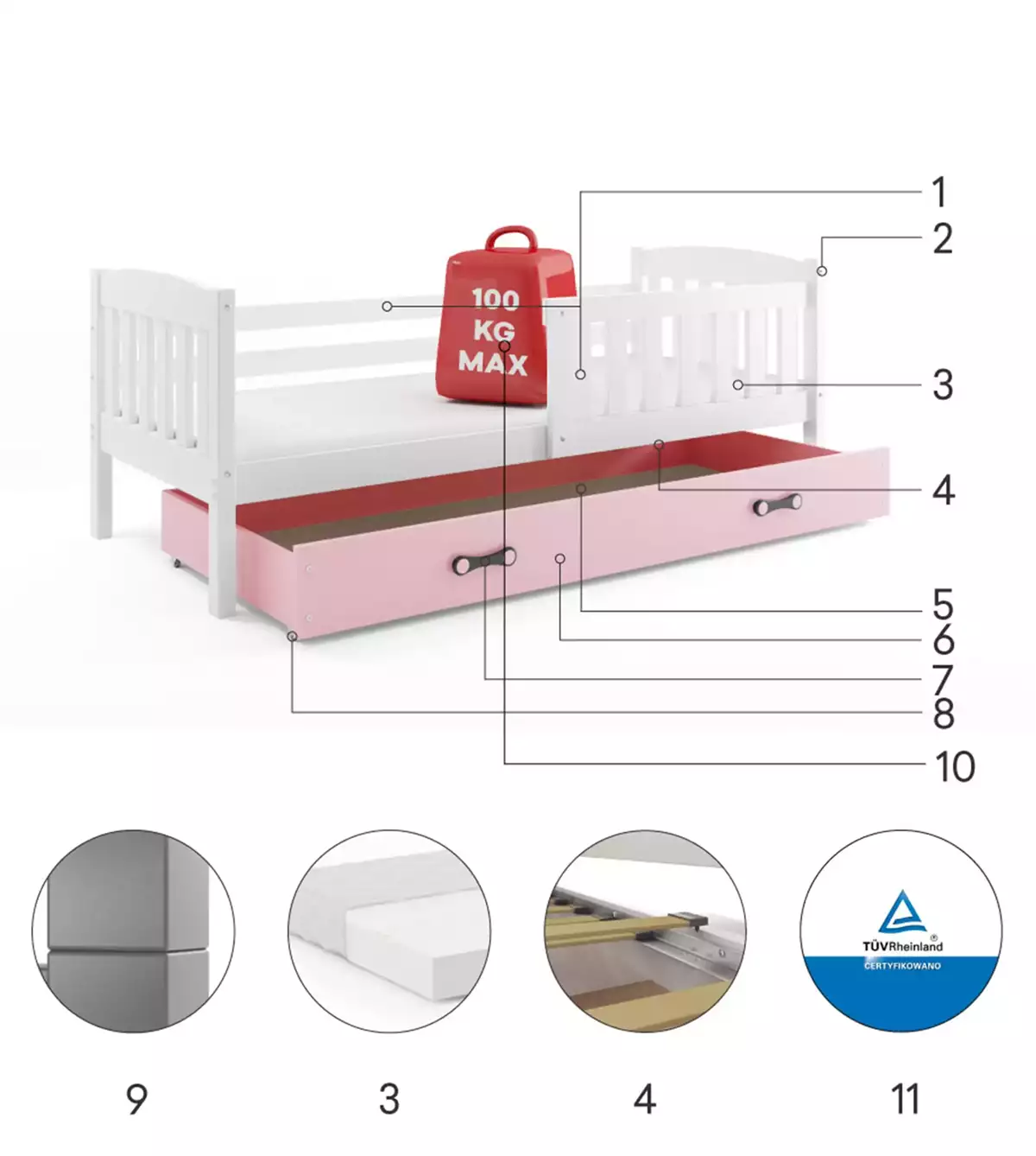 Composants pour Lit ado simple Jacquot 80X190 avec matelas et tiroir, blanc/rose Composants pour Lit ado simple Jacquot 80X190 avec matelas et tiroir, blanc/rose