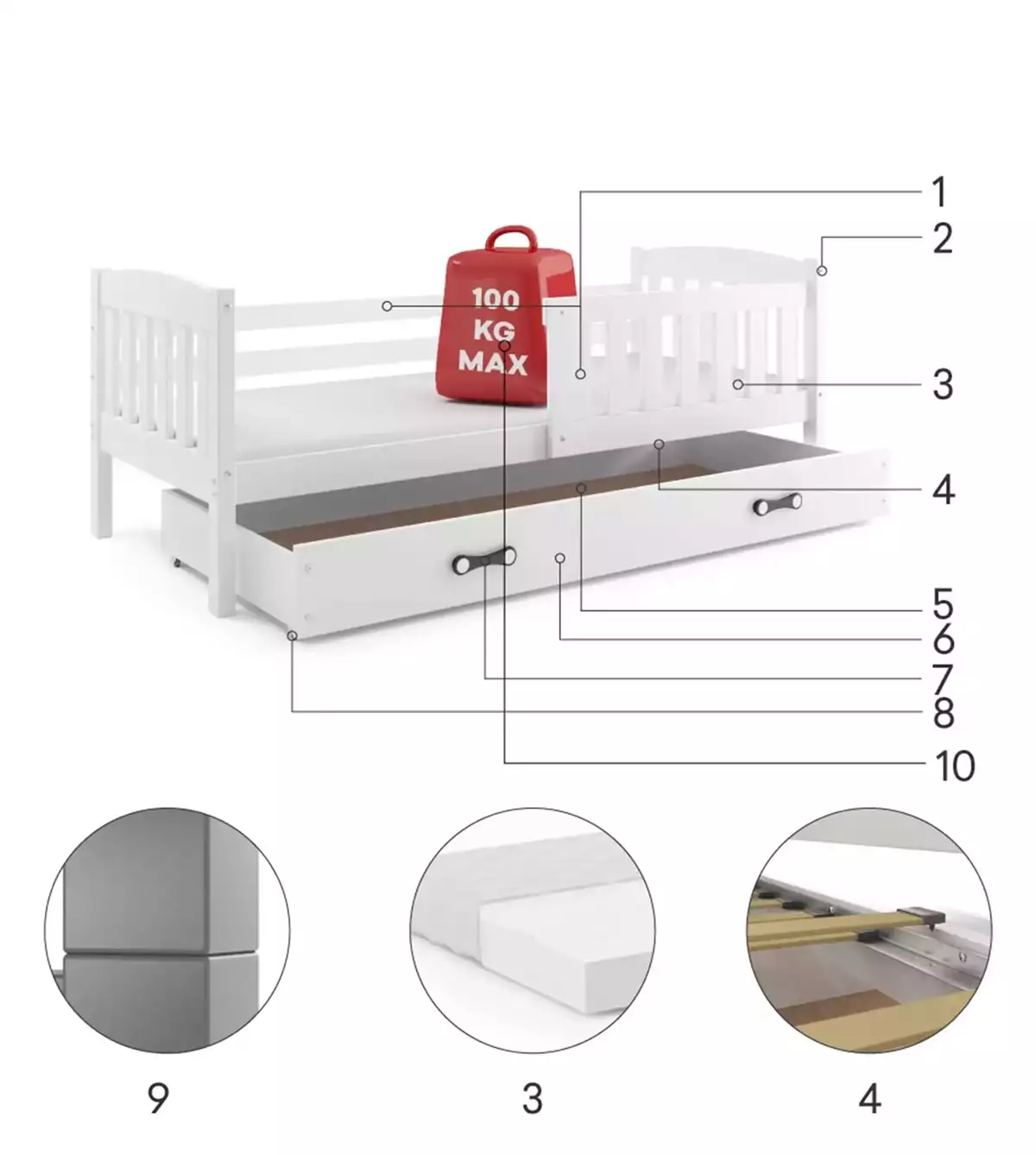 Composants pour Lit ado simple Jacquot 80X190 avec matelas et tiroir, gris/blanc Composants pour Lit ado simple Jacquot 80X190 avec matelas et tiroir, gris/blanc