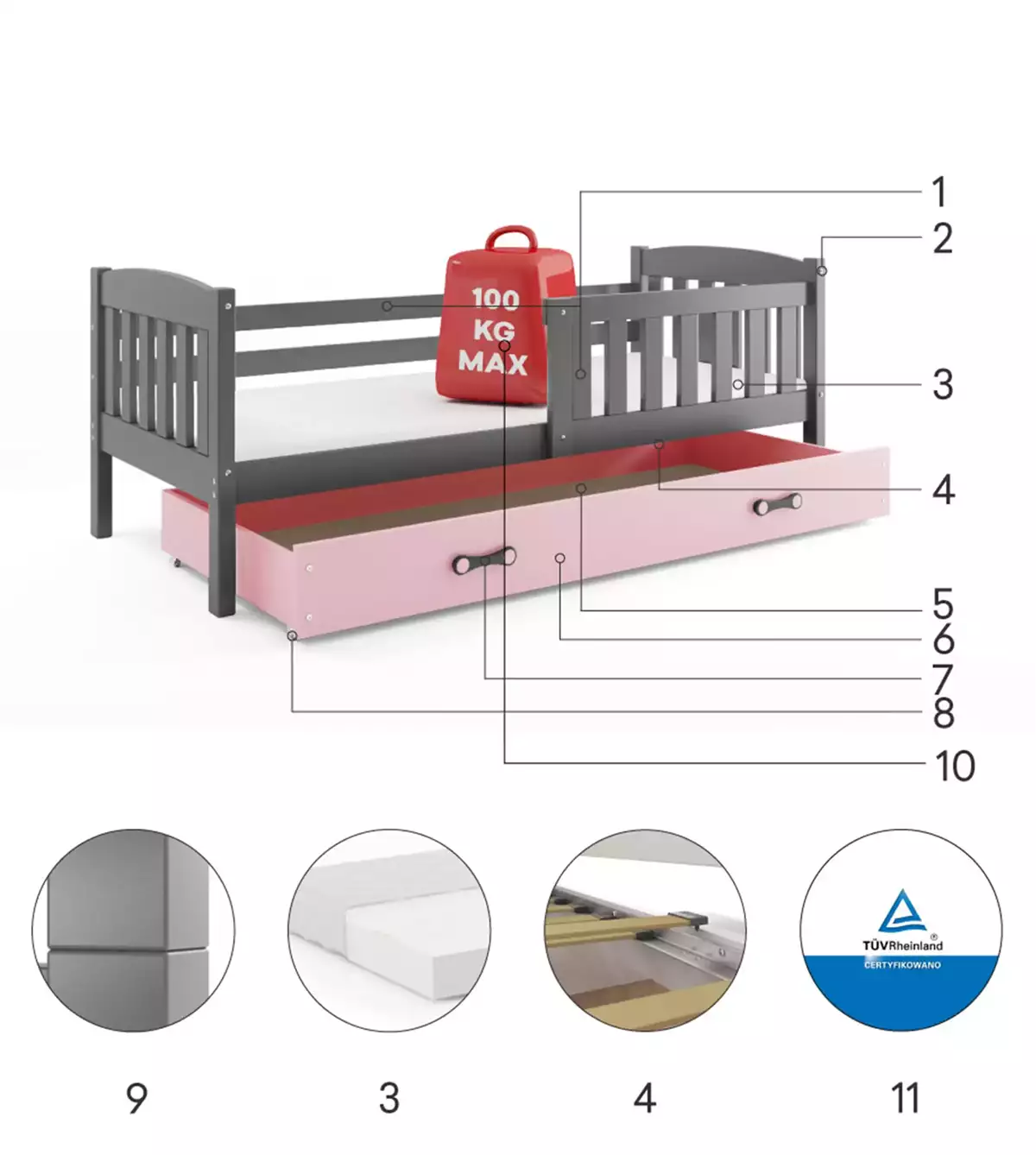 Composants pour Lit ado simple Jacquot 80X190 avec matelas et tiroir, gris/rose Composants pour Lit ado simple Jacquot 80X190 avec matelas et tiroir, gris/rose