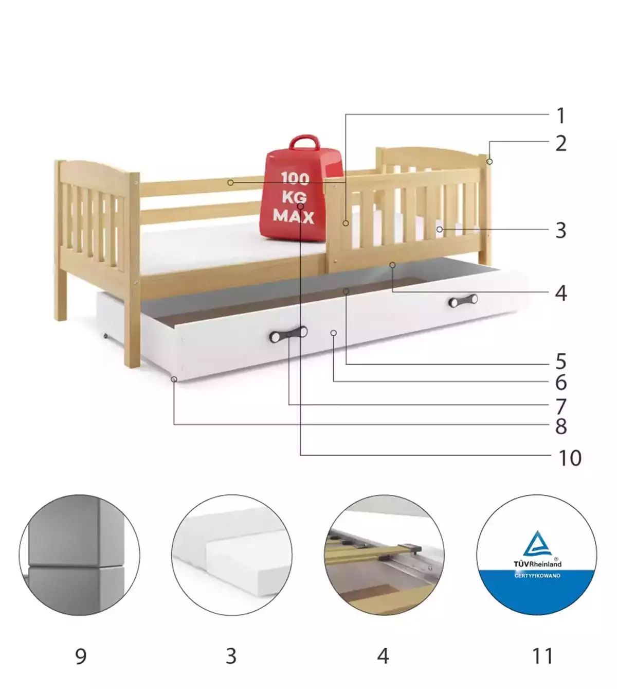 Composants pour Lit ado simple Jacquot 80X190 avec matelas et tiroir, pin/blanc Composants pour Lit ado simple Jacquot 80X190 avec matelas et tiroir, pin/blanc
