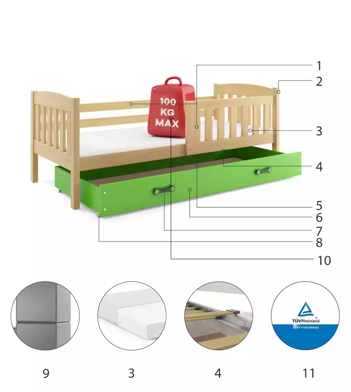Composants pour Lit ado simple Jacquot 80X190 avec matelas et tiroir, pin/vert Composants pour Lit ado simple Jacquot 80X190 avec matelas et tiroir, pin/vert