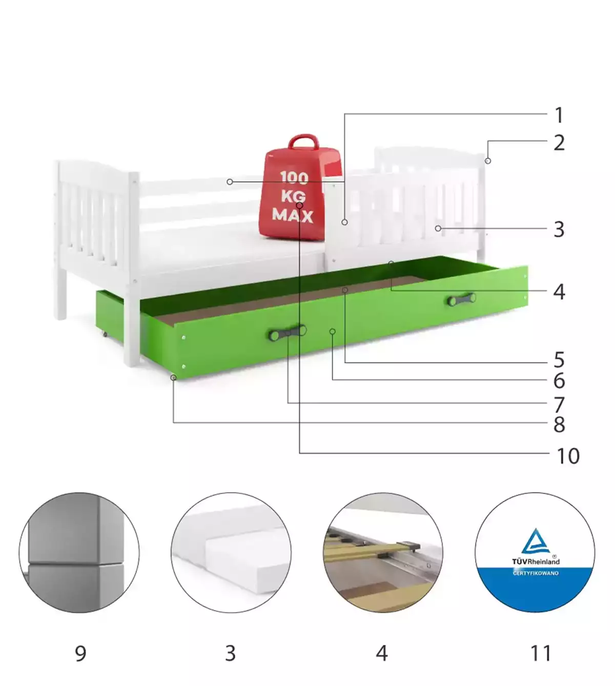 Composants pour Lit ado simple Jacquot 80X190 avec tiroir, blanc/vert Composants pour Lit ado simple Jacquot 80X190 avec tiroir, blanc/vert