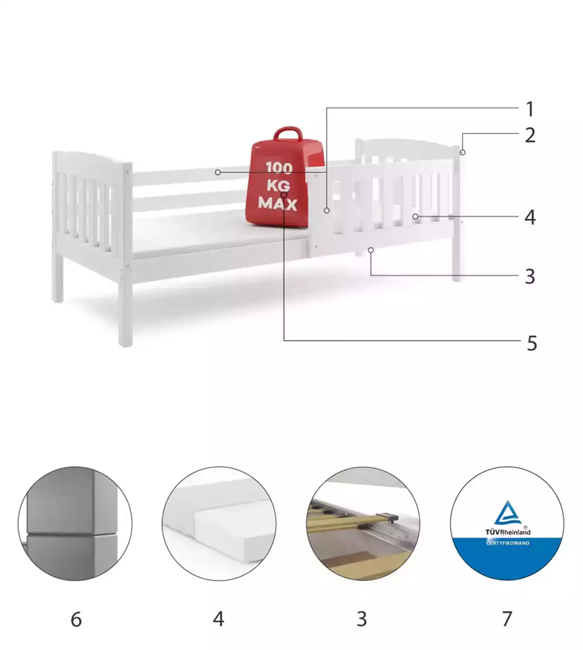 Composants pour Lit ado simple Jacquot 90X190 avec matelas, blanc Composants pour Lit ado simple Jacquot 90X190 avec matelas, blanc