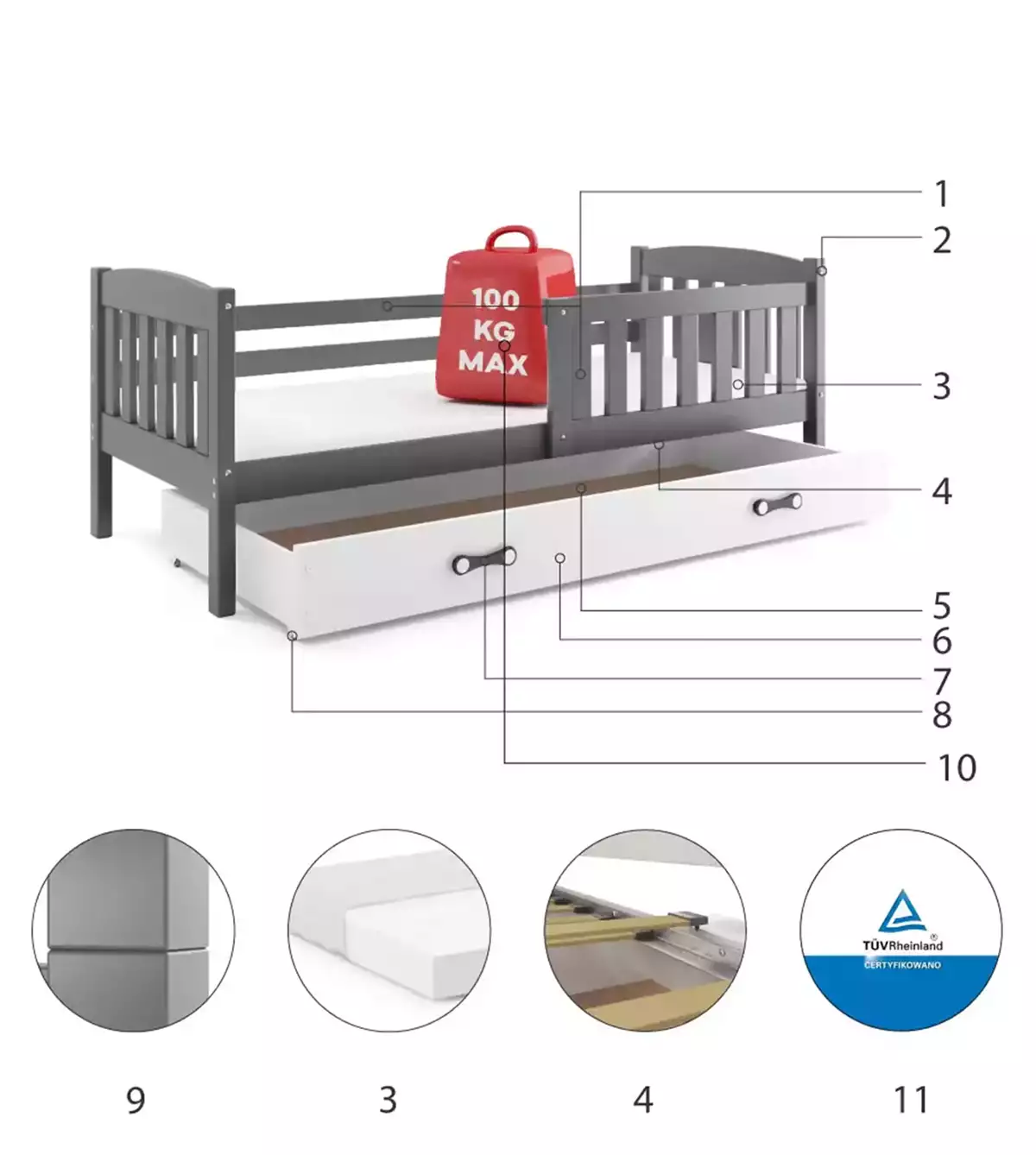 Composants pour Lit ado simple Jacquot 90X190 avec matelas et tiroir, gris/blanc Composants pour Lit ado simple Jacquot 90X190 avec matelas et tiroir, gris/blanc