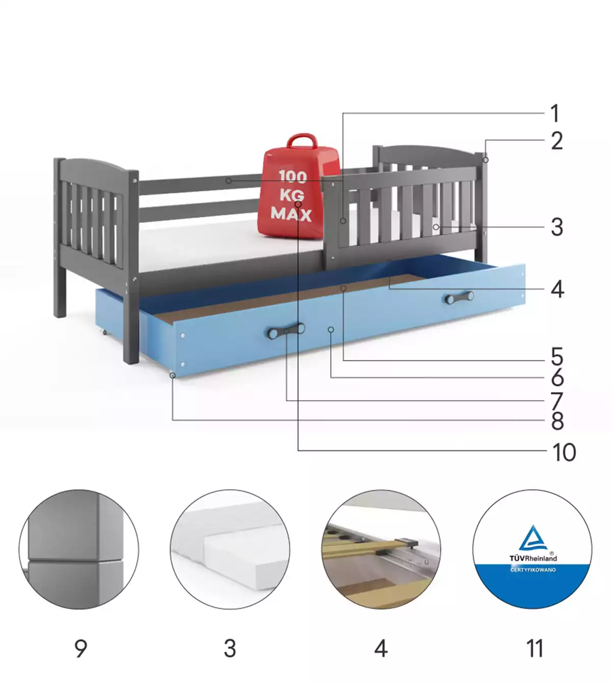 Composants pour Lit ado simple Jacquot 90X190 avec matelas et tiroir, gris/bleu Composants pour Lit ado simple Jacquot 90X190 avec matelas et tiroir, gris/bleu