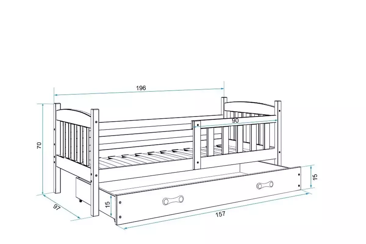 Dimensions et spécifications pour Lit ado simple Jacquot 90X190 avec matelas et tiroir, pin/blanc Dimensions et spécifications pour Lit ado simple Jacquot 90X190 avec matelas et tiroir, pin/blanc