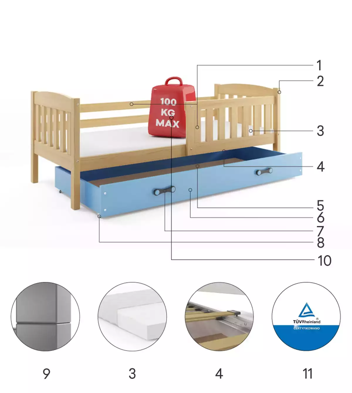 Composants pour Lit ado simple Jacquot 90X190 avec matelas et tiroir, pin/bleu Composants pour Lit ado simple Jacquot 90X190 avec matelas et tiroir, pin/bleu