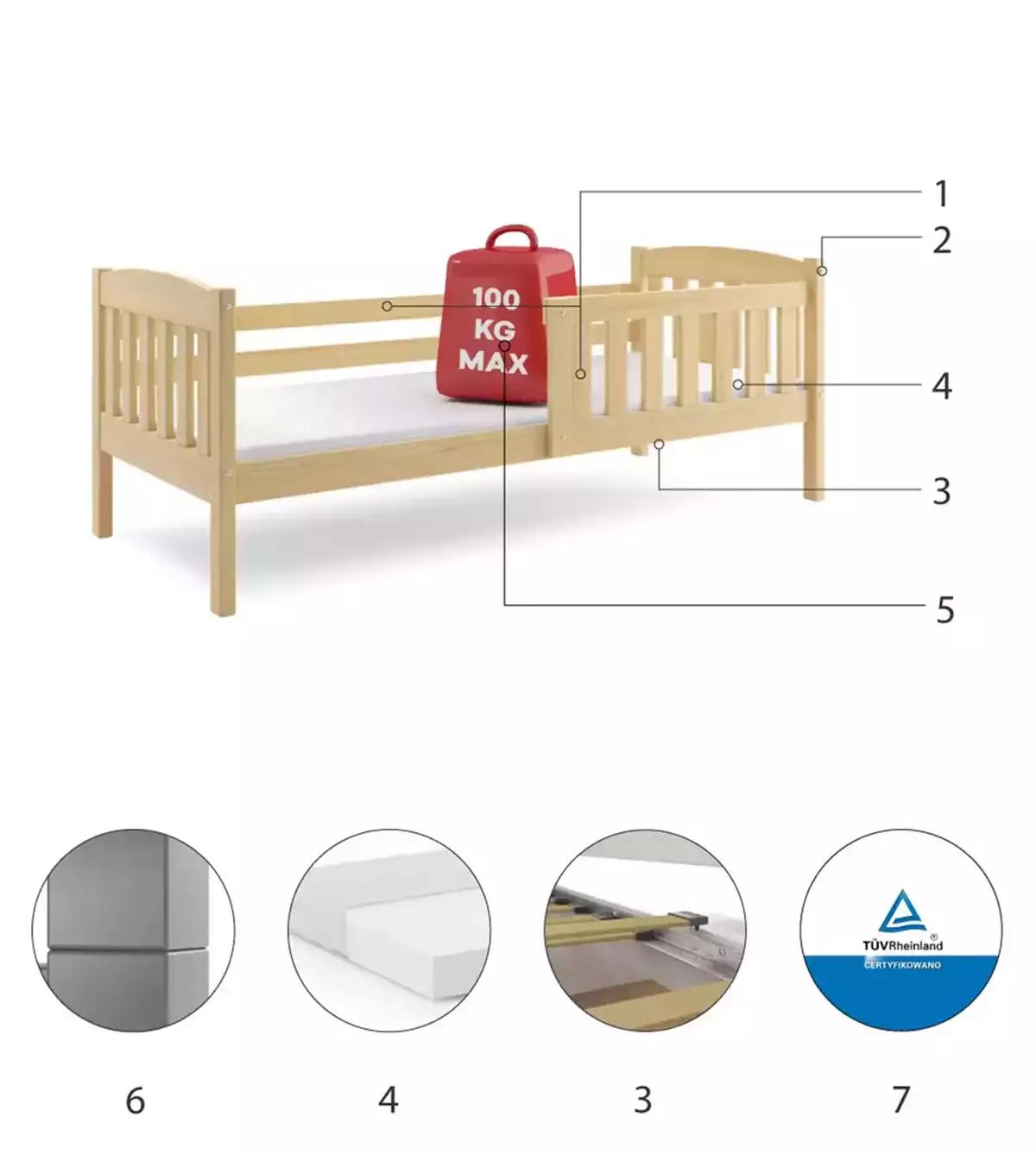 Composants pour Lit ado simple Jacquot 90X190 avec matelas, pin Composants pour Lit ado simple Jacquot 90X190 avec matelas, pin