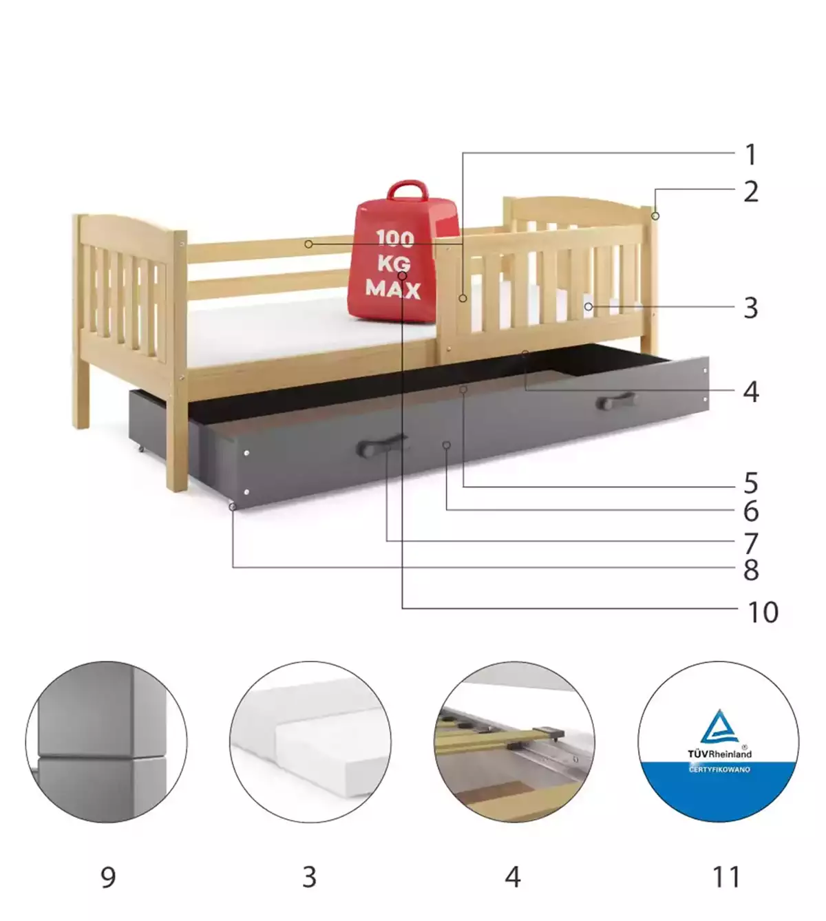Composants pour Lit ado simple Jacquot 90X190 avec tiroir, pin/gris Composants pour Lit ado simple Jacquot 90X190 avec tiroir, pin/gris
