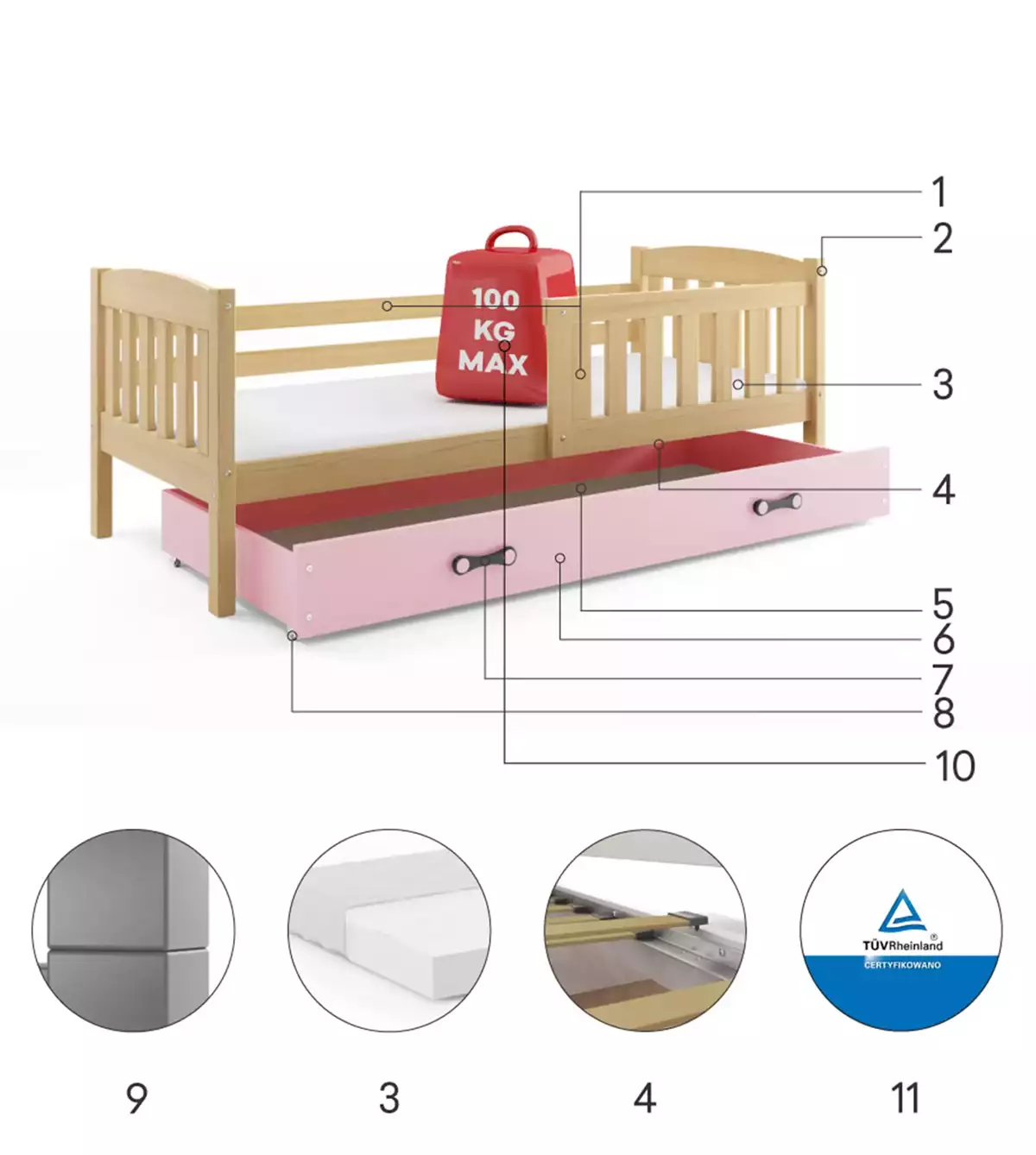 Composants pour Lit ado simple Jacquot 90X190 avec tiroir, pin/rose Composants pour Lit ado simple Jacquot 90X190 avec tiroir, pin/rose