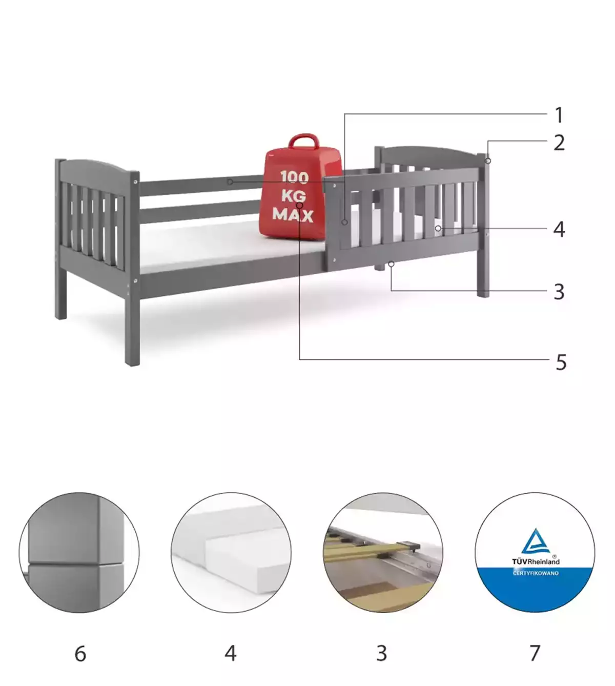 Composants pour Lit ado simple Jacquot 90X200 avec matelas, gris Composants pour Lit ado simple Jacquot 90X200 avec matelas, gris