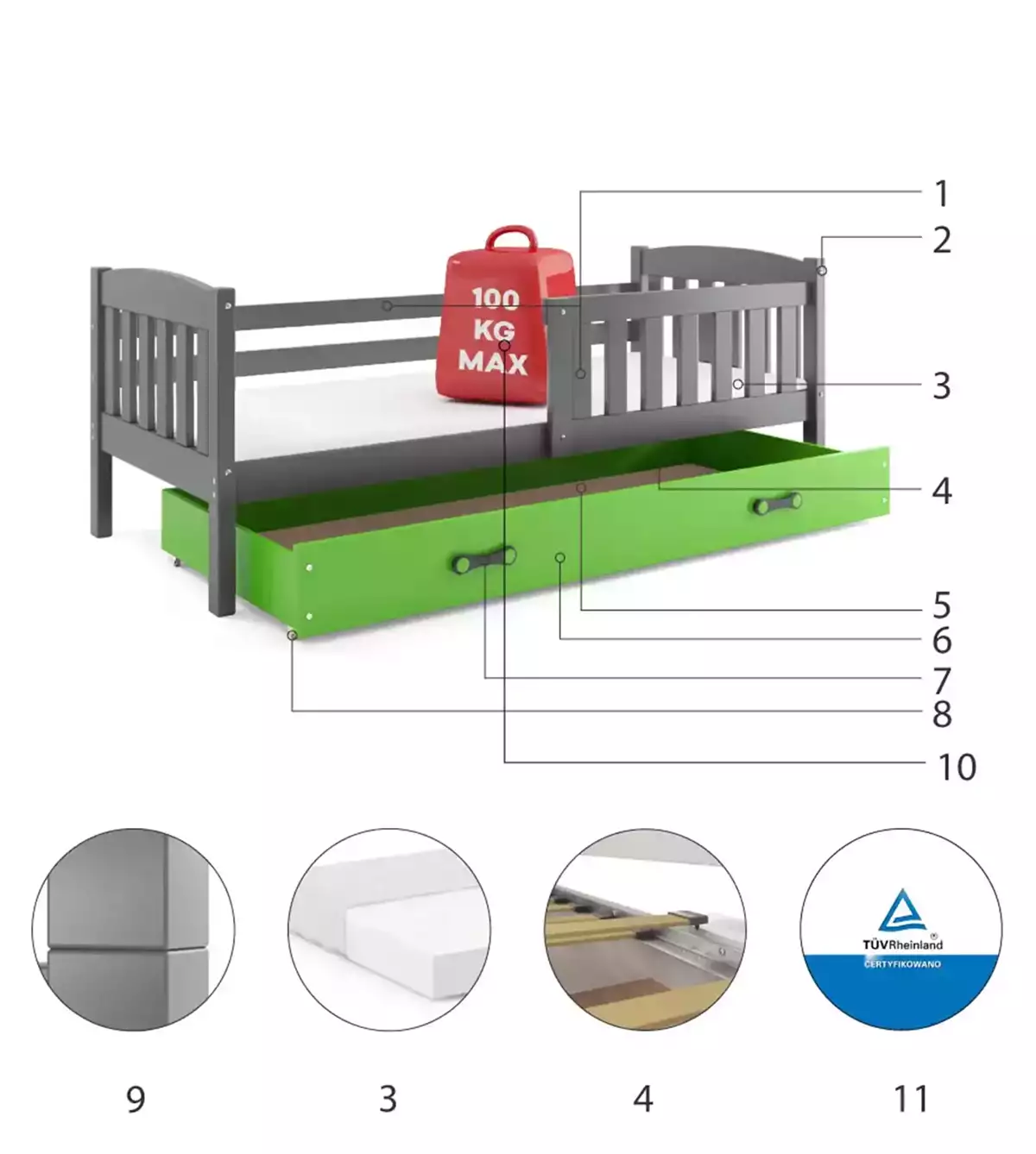 Composants pour Lit ado simple Jacquot 90X200 avec tiroir, gris/vert Composants pour Lit ado simple Jacquot 90X200 avec tiroir, gris/vert