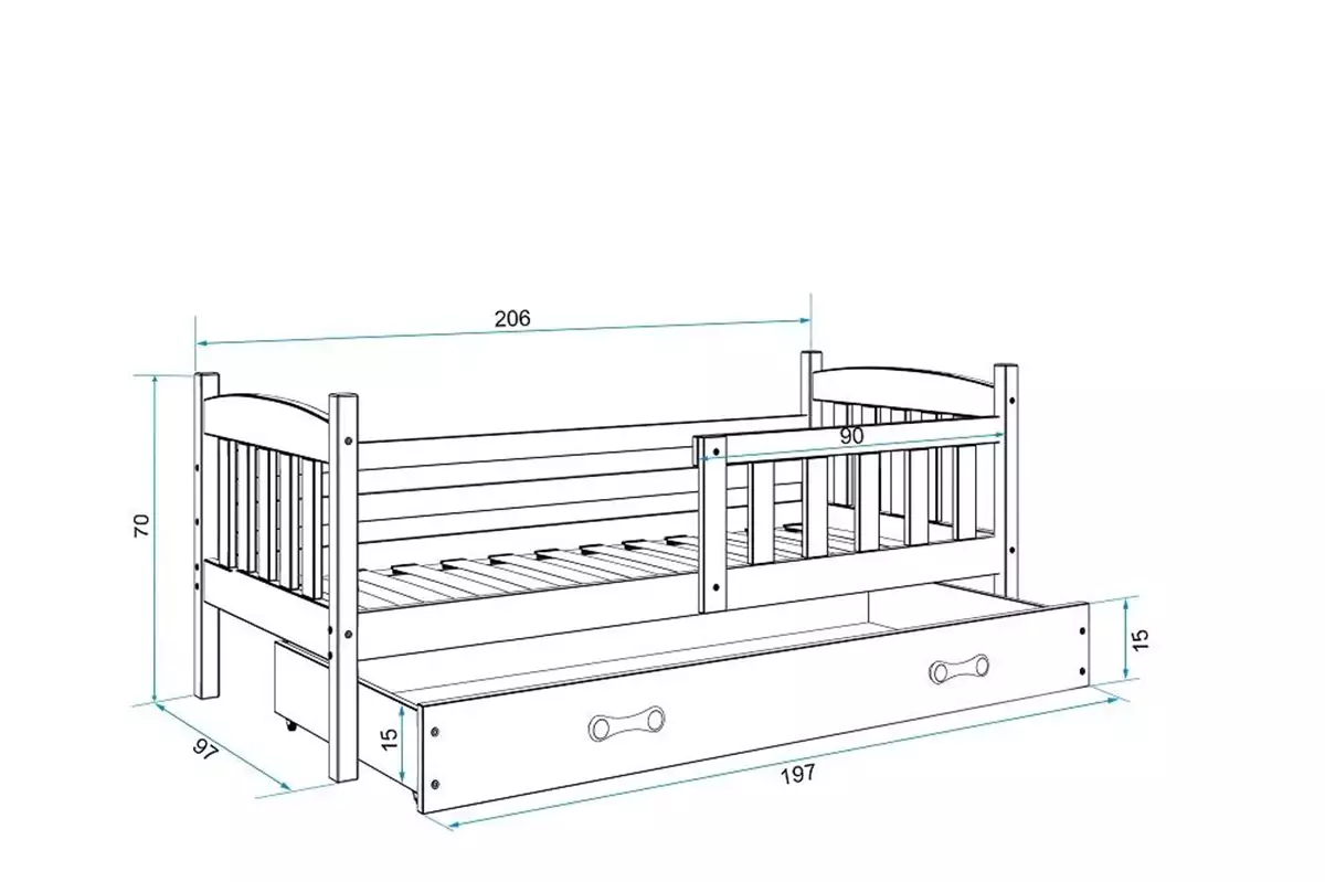Dimensions et spécifications pour Lit ado simple Jacquot 90X200 avec tiroir, pin/vert Dimensions et spécifications pour Lit ado simple Jacquot 90X200 avec tiroir, pin/vert
